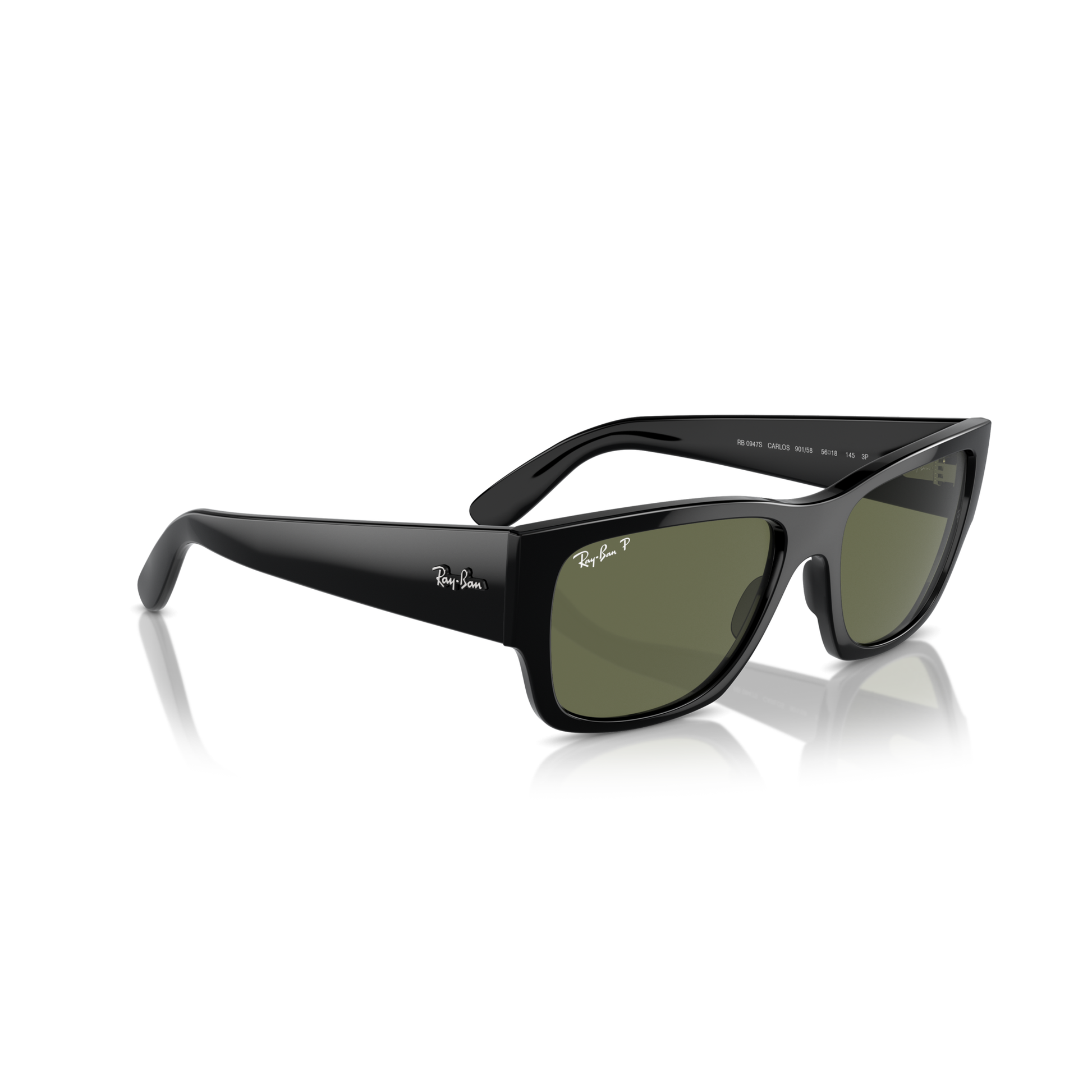 Black Ray-Ban sunglasses on a white background Polished Black + G-15 Green Polarised