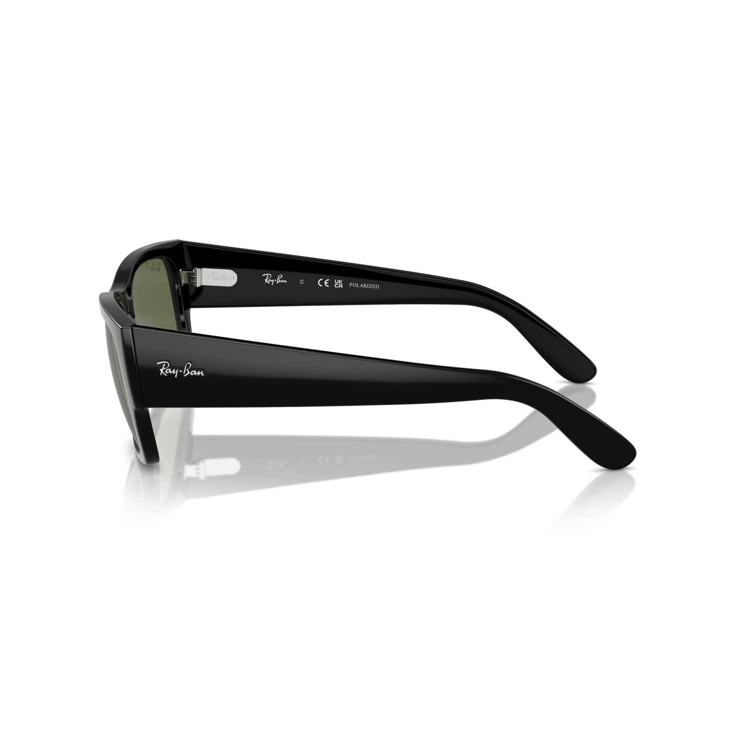Black Ray-Ban sunglasses on a white background Polished Black + G-15 Green Polarised