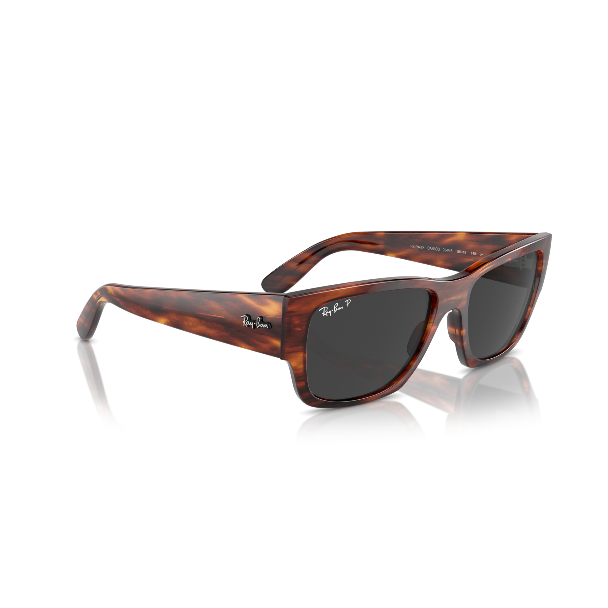 Tortoiseshell sunglasses with dark lenses on a white background Polished Striped Havana + Black Polarised