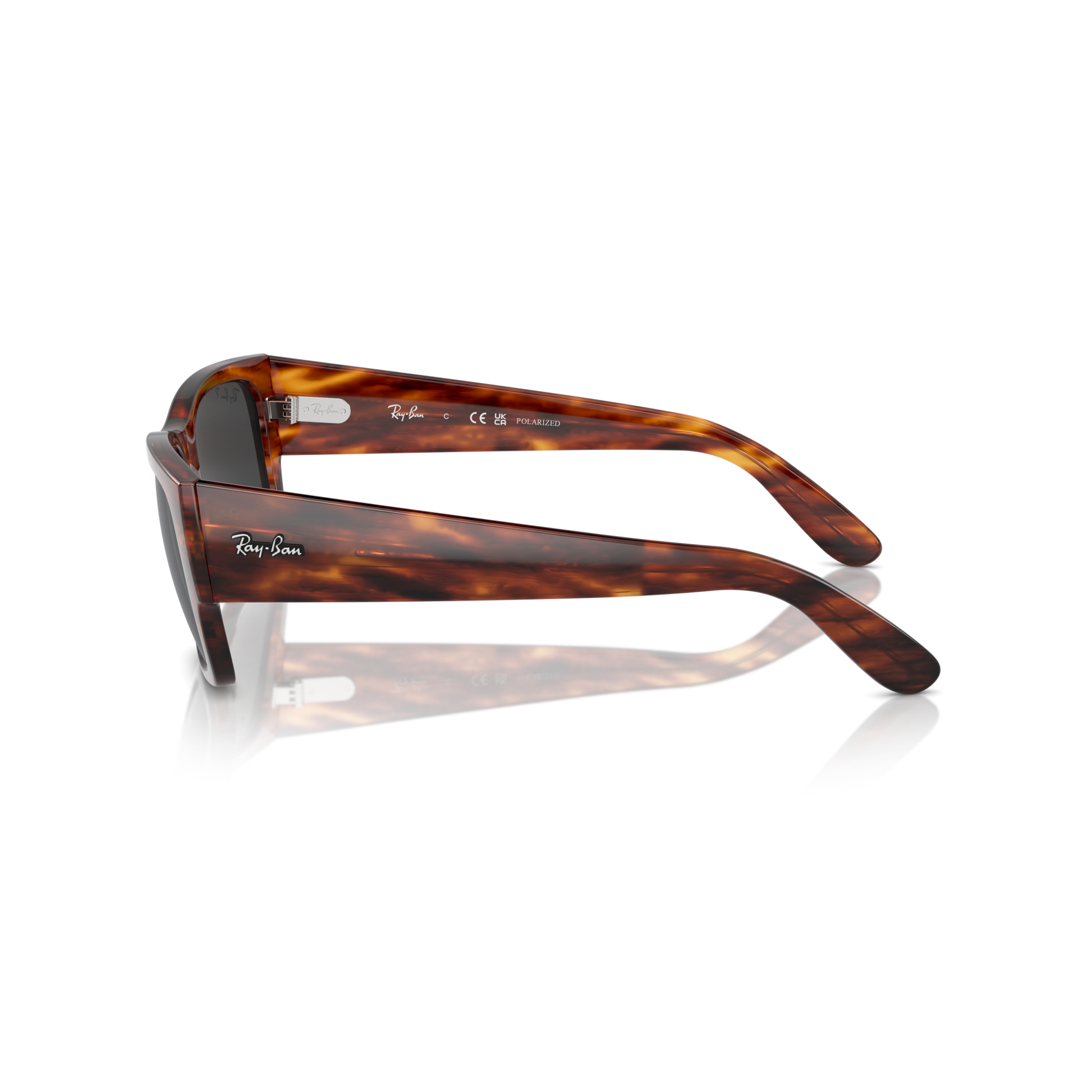 Tortoiseshell sunglasses with 'Ray-Ban' branding on a white background Polished Striped Havana + Black Polarised