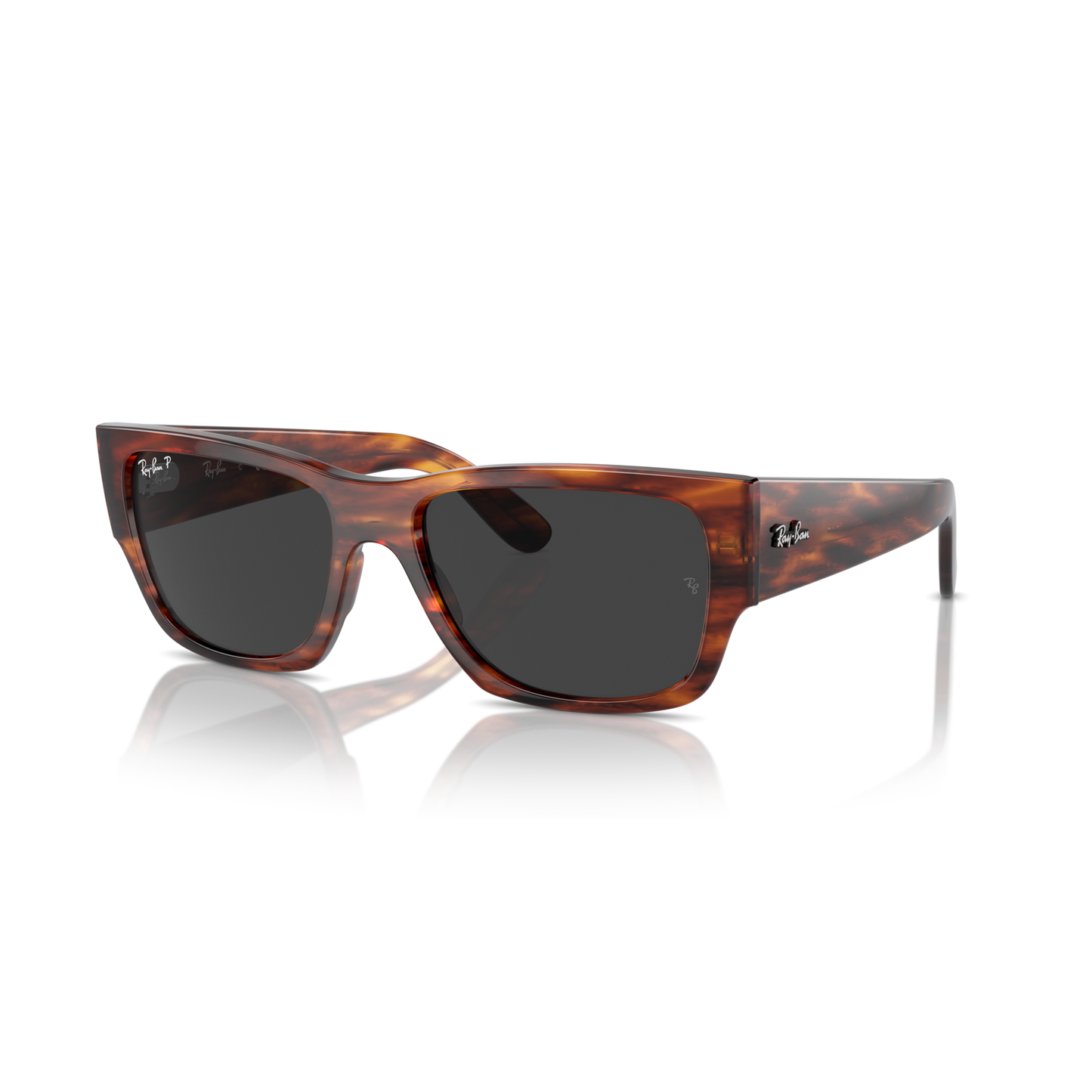 Tortoiseshell sunglasses with dark lenses on a white background Polished Striped Havana + Black Polarised
