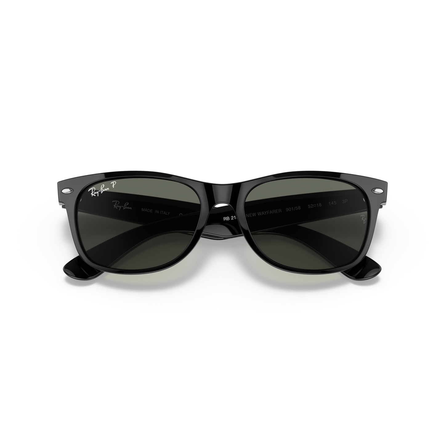 Black sunglasses with Ray-Ban logo on a white background Polished Black + G-15 Green Polarised