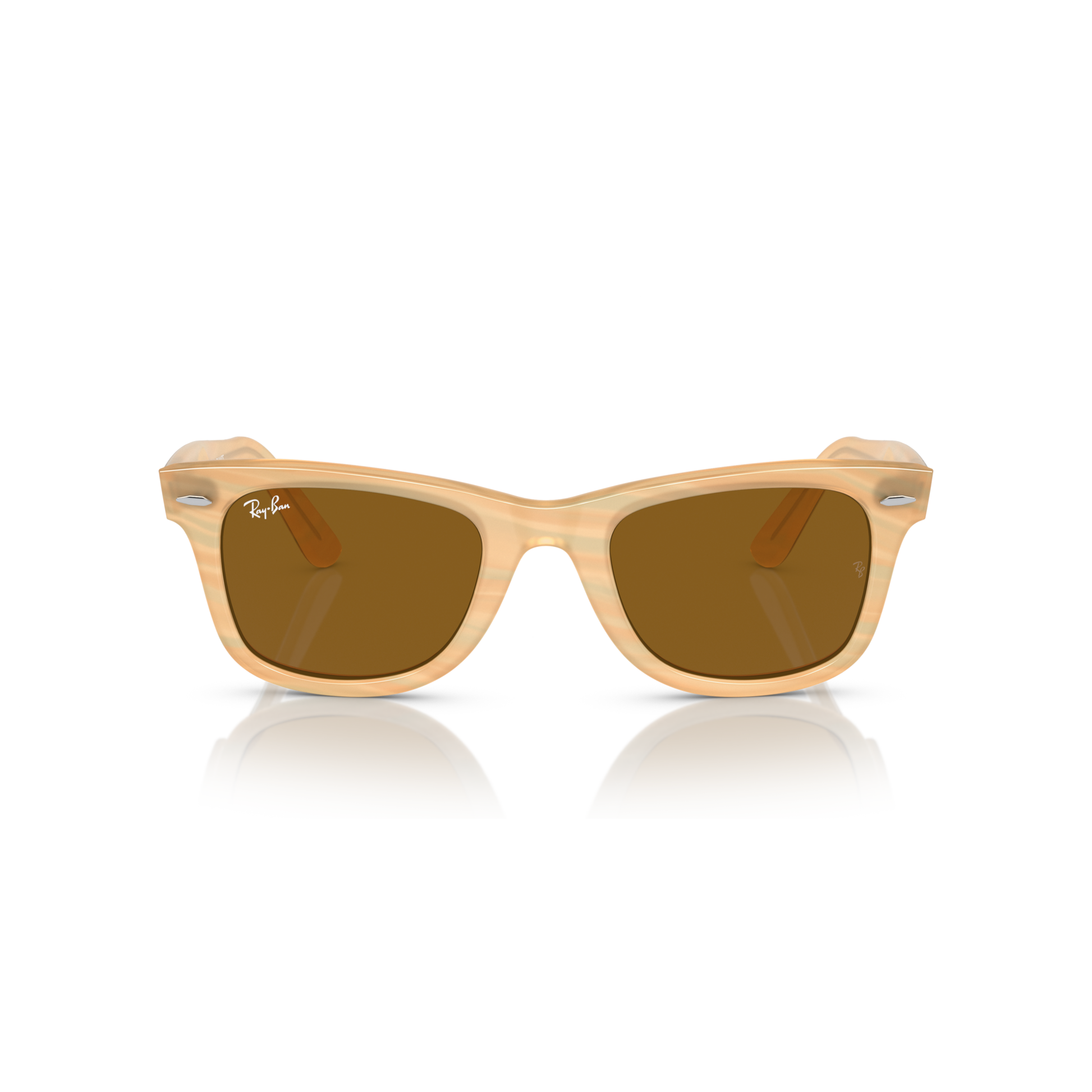 Wooden-framed sunglasses with brown lenses on a white background Polished Photo Striped Brown + Brown