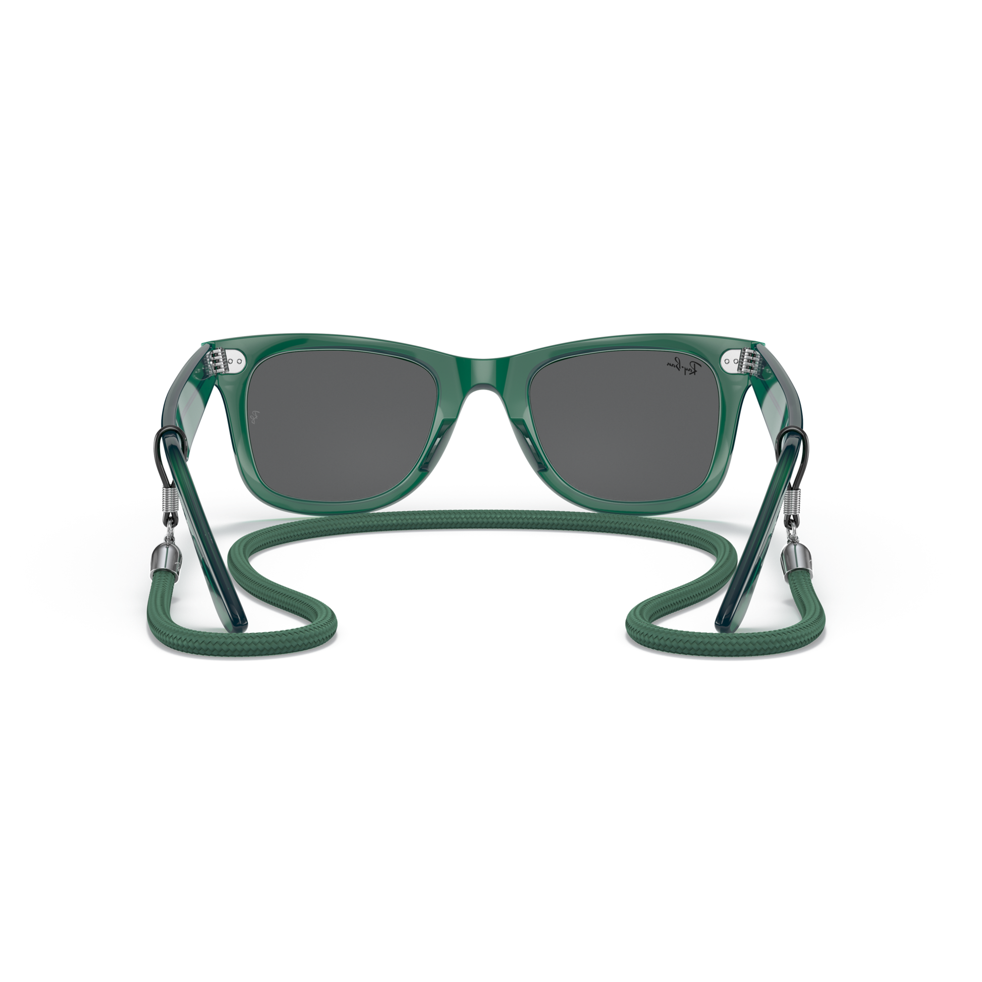 Green sunglasses with a flexible neck strap on a white background Polished Transparent Green + Dark Grey