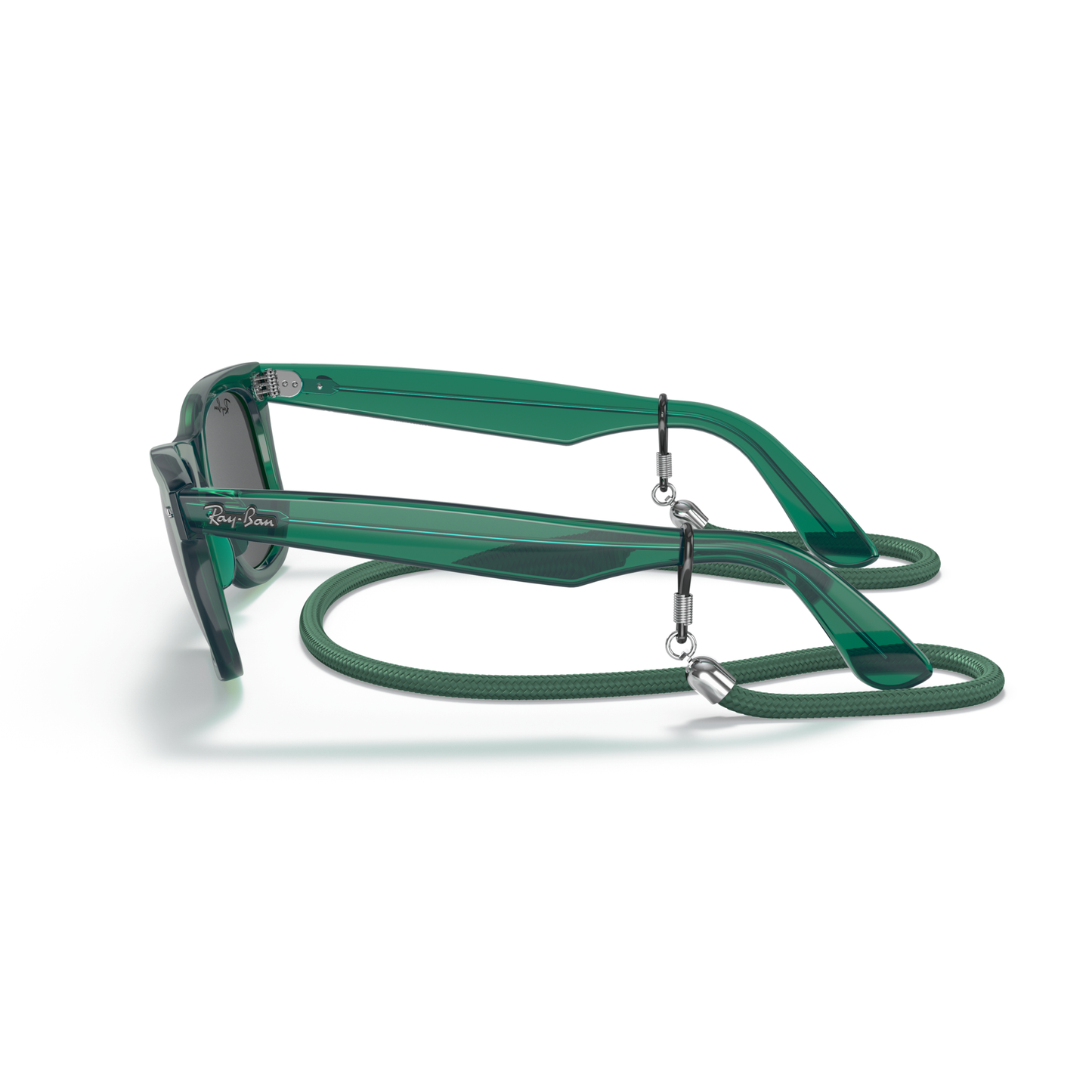 Green eyeglasses with a matching green strap on a white background Polished Transparent Green + Dark Grey