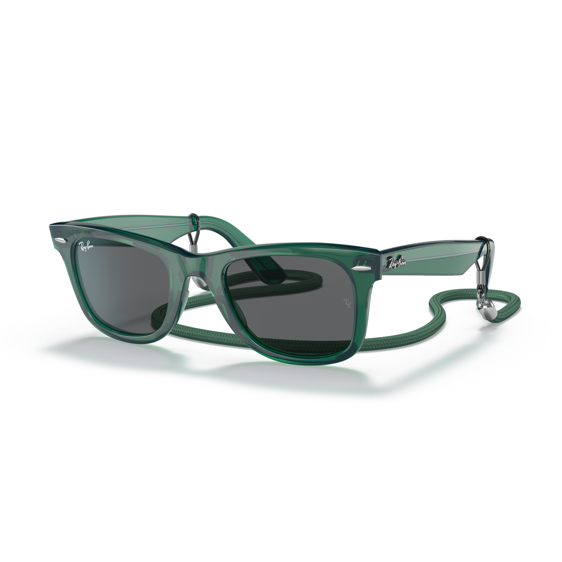Green sunglasses with a reflective surface on a white background Polished Transparent Green + Dark Grey