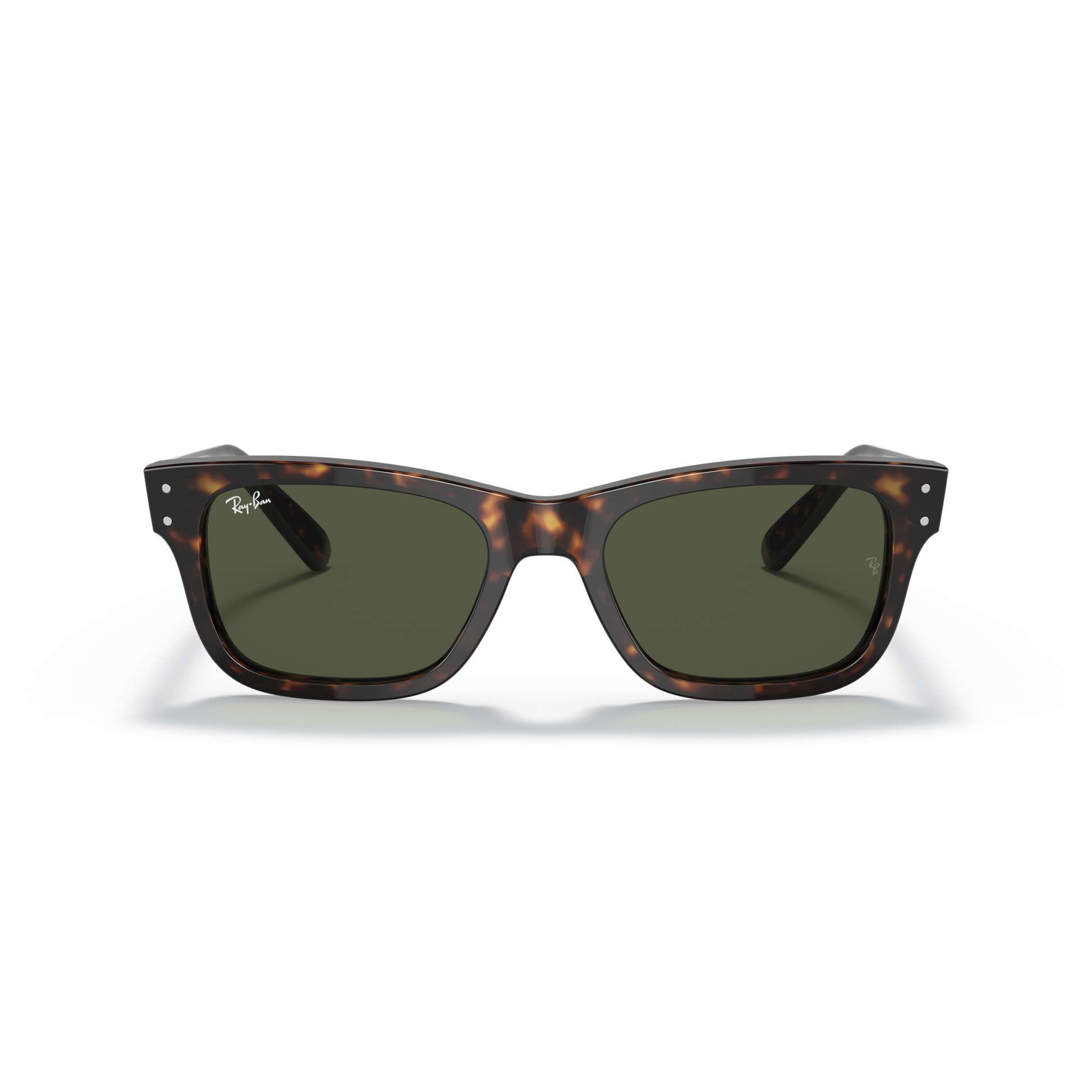 Sunglasses with tortoiseshell frame and dark lenses on a white background Polished Havana + G-15 Green