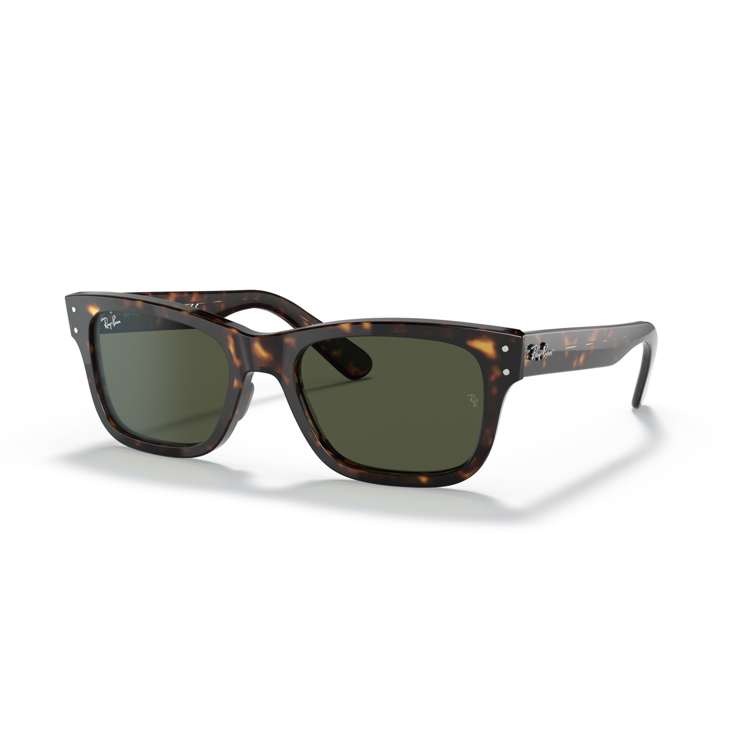 Sunglasses with tortoiseshell frame and dark lenses on a white background Polished Havana + G-15 Green