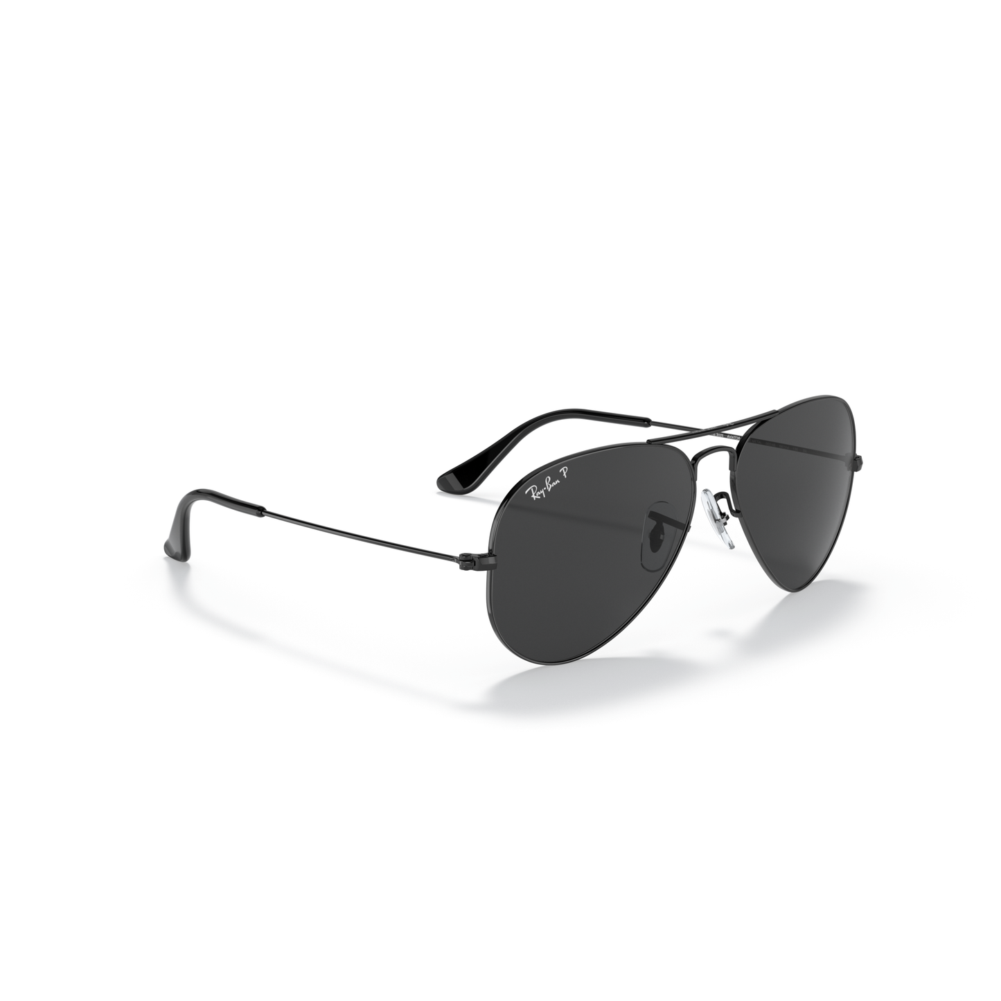 Black sunglasses with Ray-Ban logo on a white background Polished Black + Black Polarised