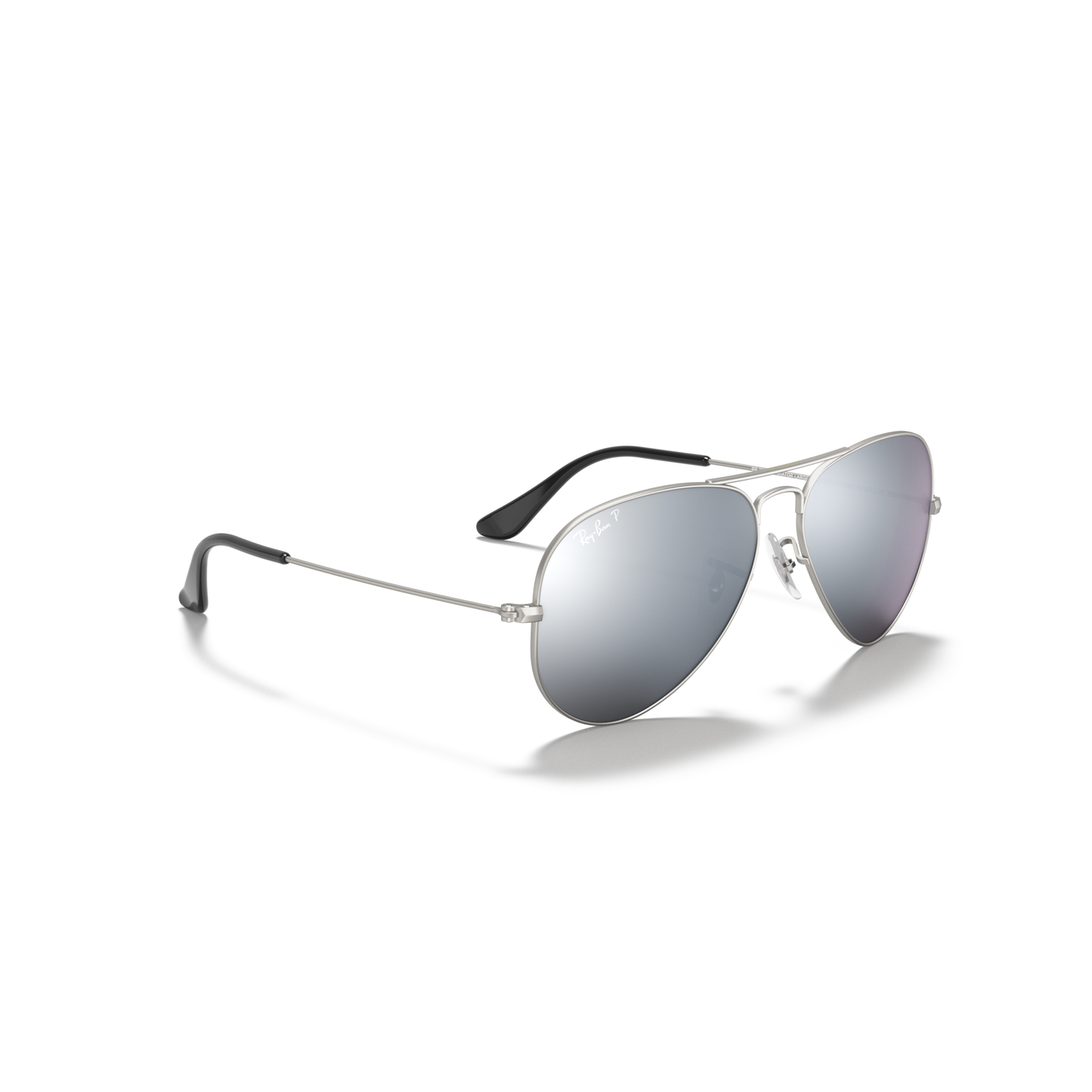 Aviator sunglasses with silvermirrored lenses on a white background Matte Silver + Dark Grey Mirror Polarised