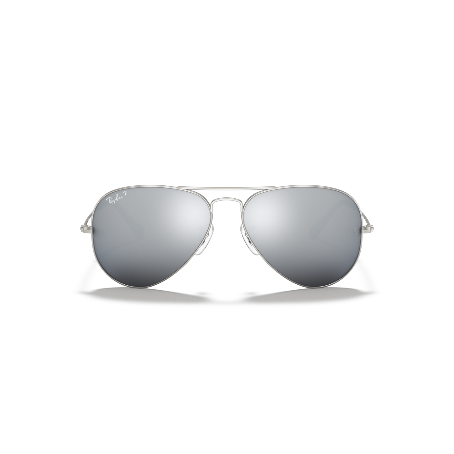 Silver sunglasses with reflective lenses on a white background Matte Silver + Dark Grey Mirror Polarised