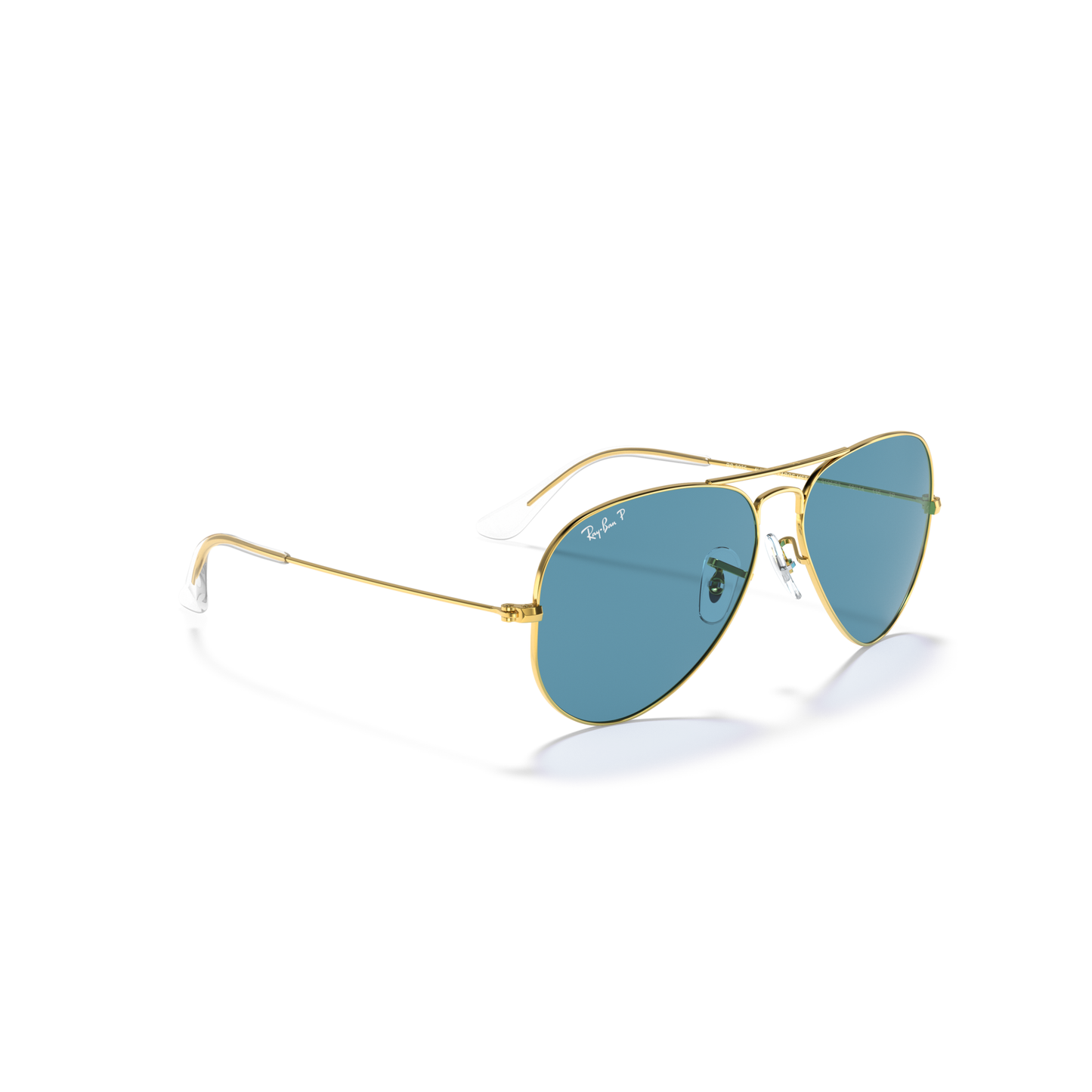 Gold-framed sunglasses with blue lenses on a white background Legend Gold + Blue Polarised