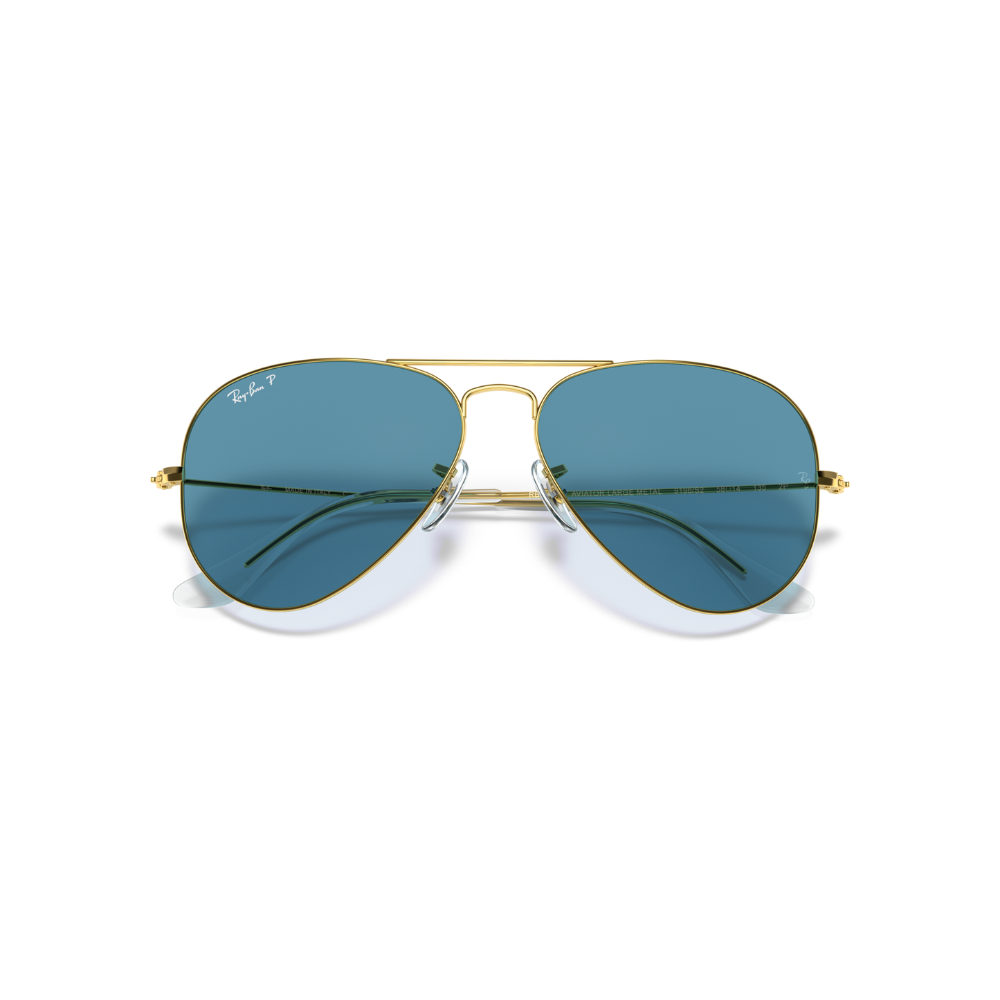 Sunglasses with gold frame and blue lenses on a white background Legend Gold + Blue Polarised