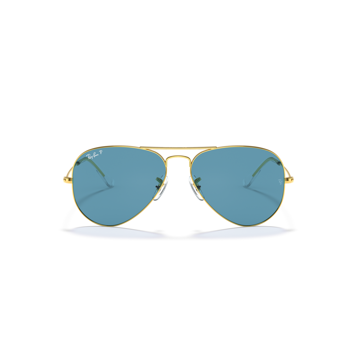 Aviator sunglasses with gold frame and blue lenses on a white background Legend Gold + Blue Polarised