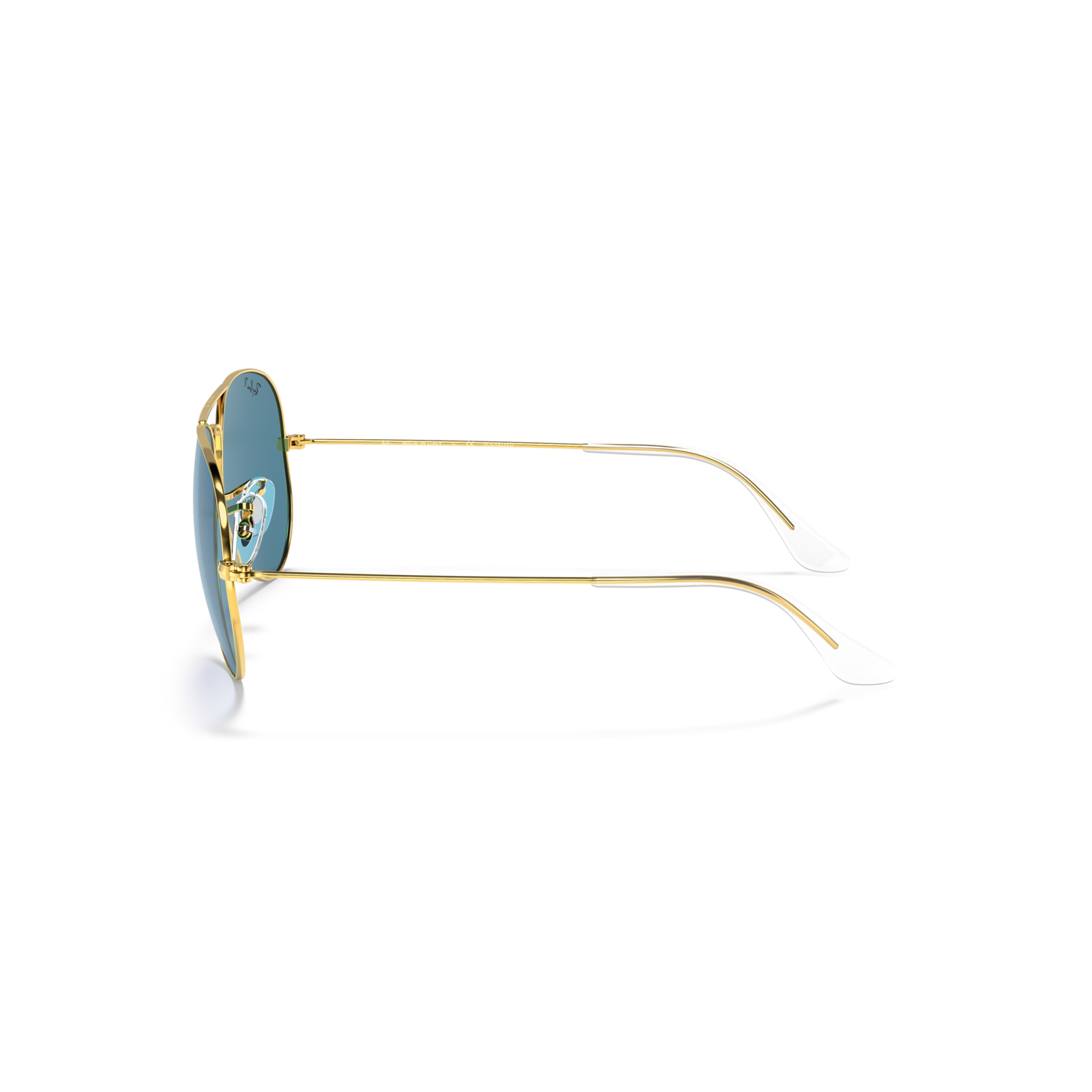 Gold-framed sunglasses with a blue lens on a white background Legend Gold + Blue Polarised