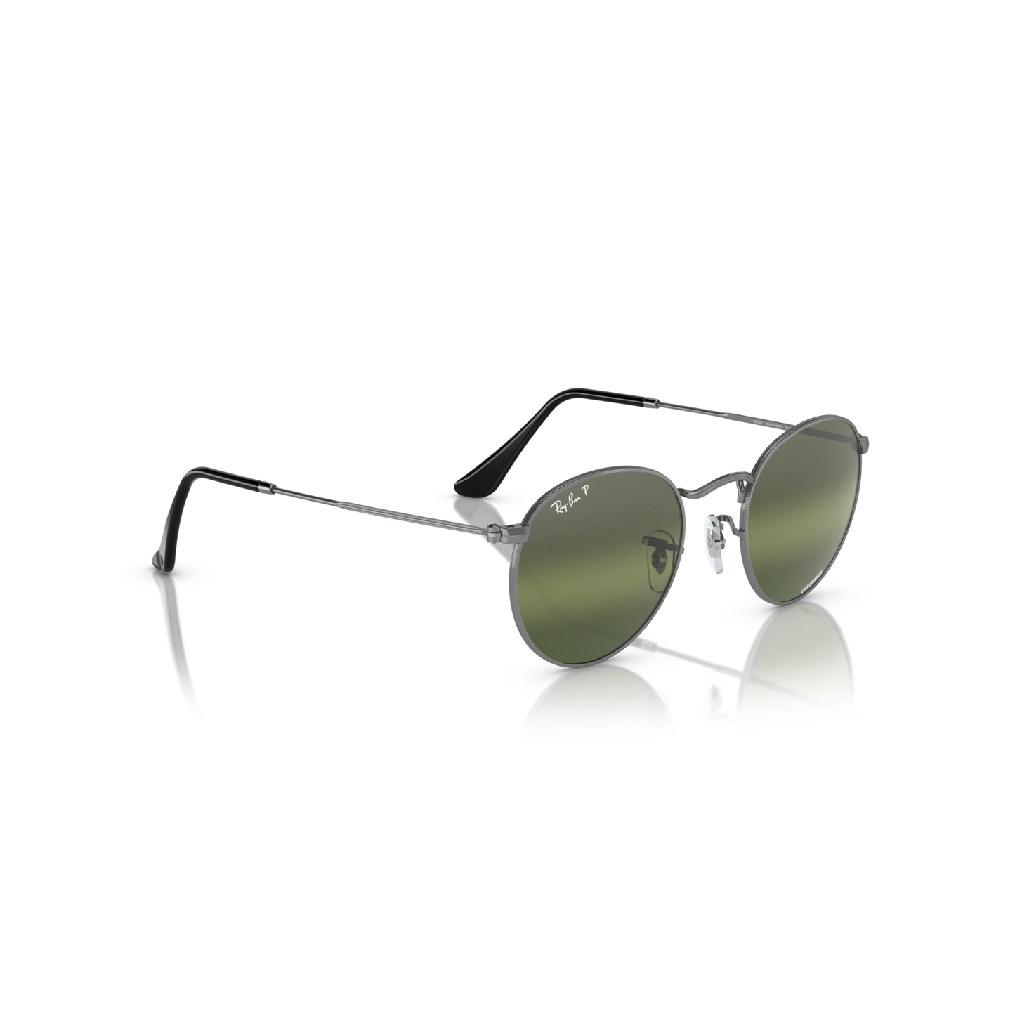 Round sunglasses with green lenses on a white background Polished Gunmetal + Silver/Green Chromance