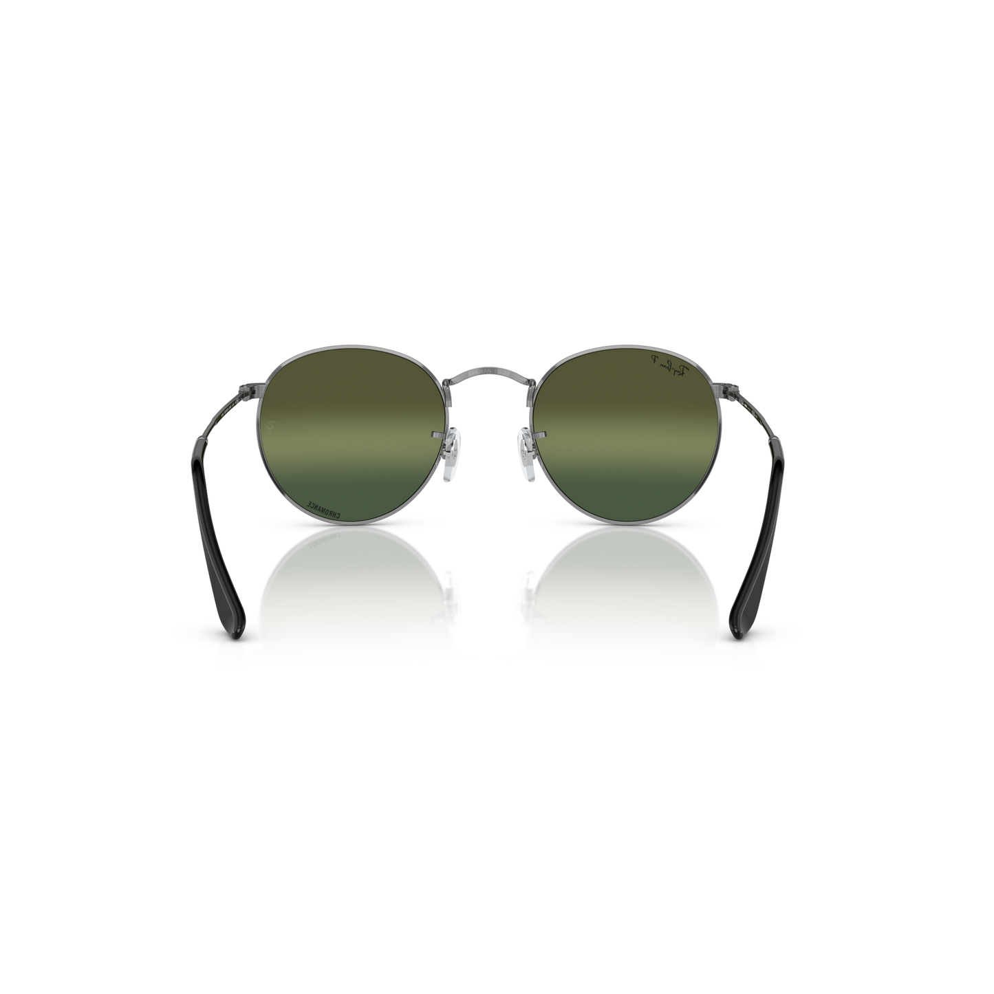 Round sunglasses with green lenses and black frames on a white background Polished Gunmetal + Silver/Green Chromance