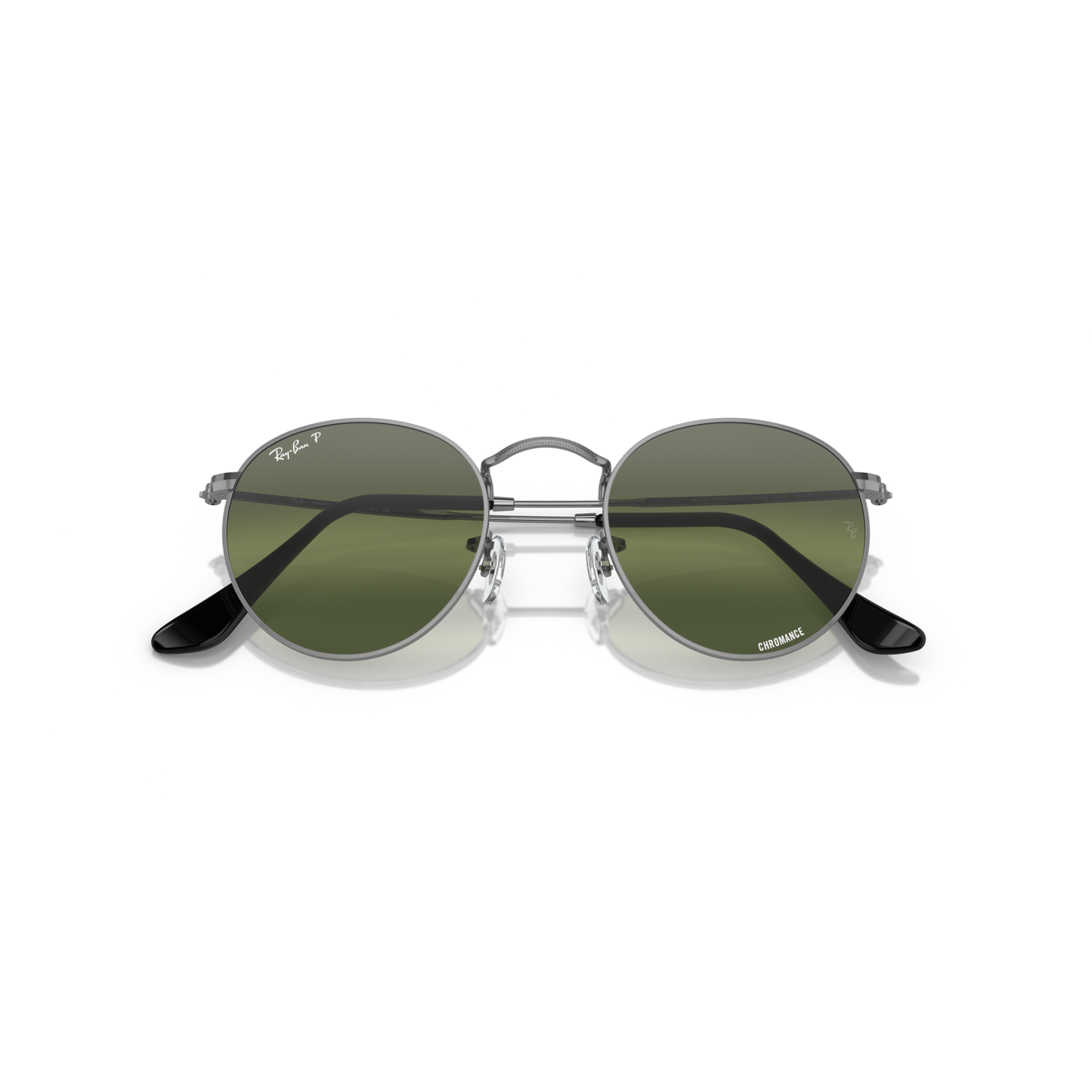 Round sunglasses with green lenses and metal frame on a white background Polished Gunmetal + Silver/Green Chromance