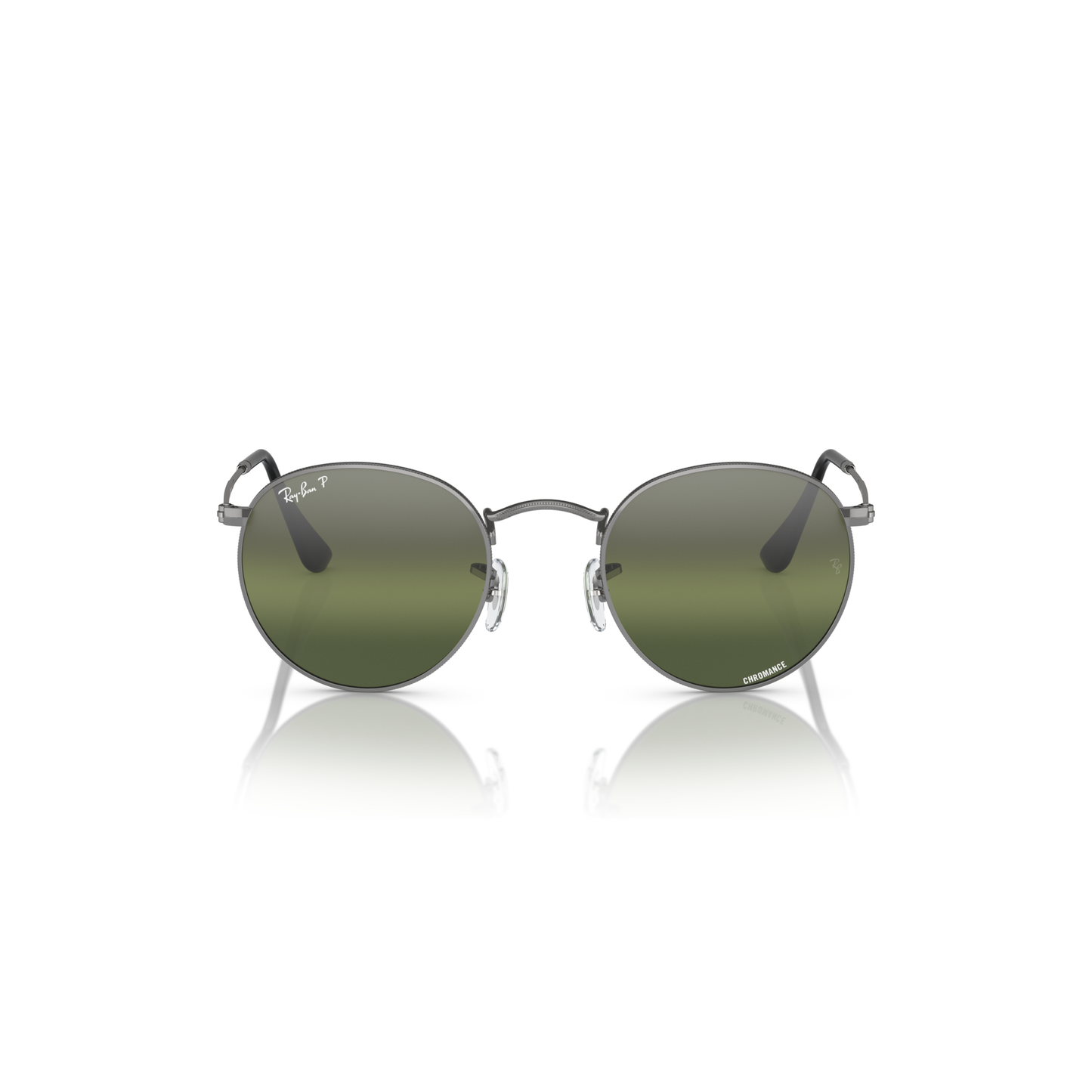 Round sunglasses with green lenses on a white background Polished Gunmetal + Silver/Green Chromance