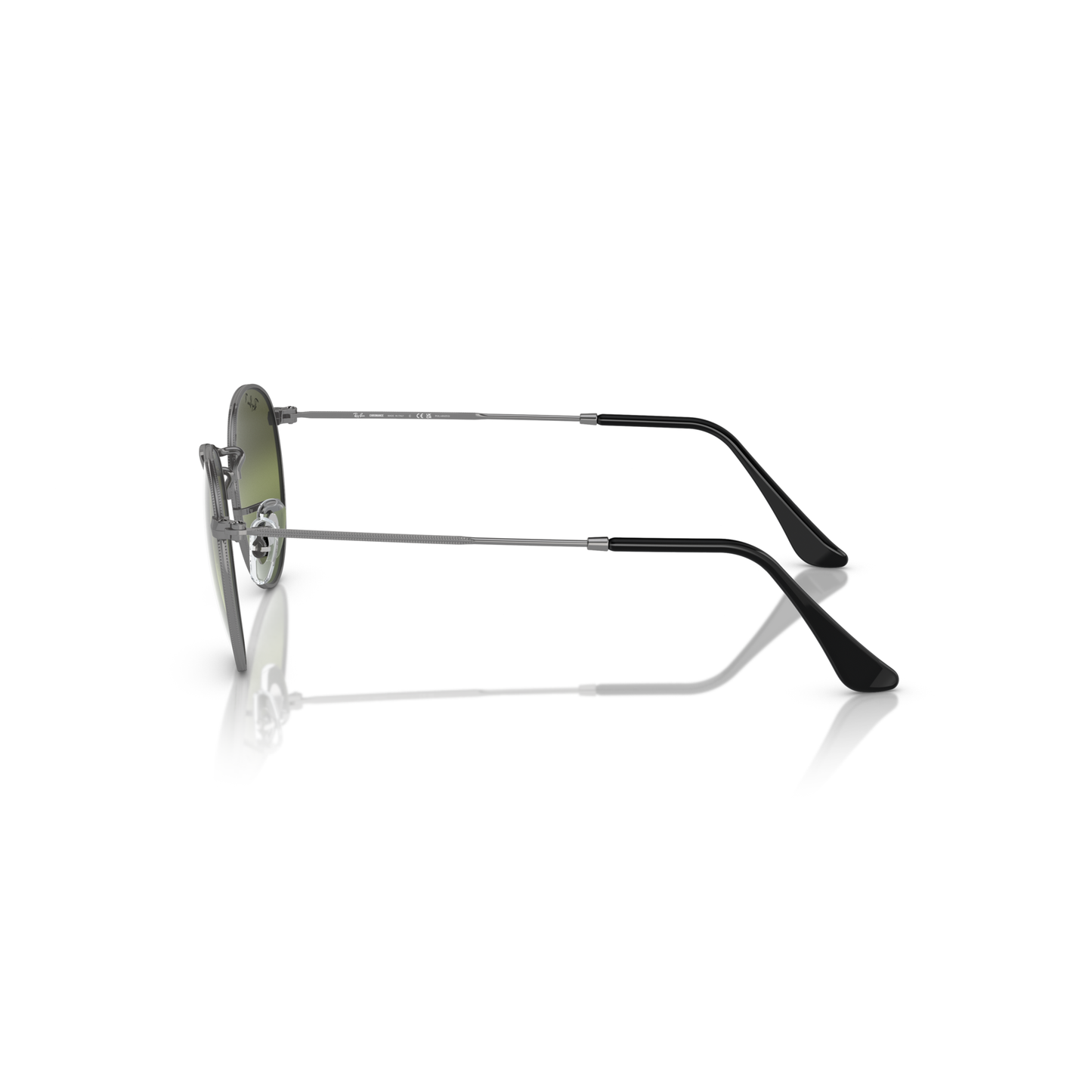 Silver-framed sunglasses with black arms on a white background Polished Gunmetal + Silver/Green Chromance