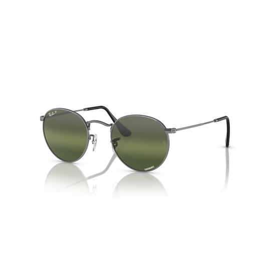 Round sunglasses with green lenses on a white background Polished Gunmetal + Silver/Green Chromance