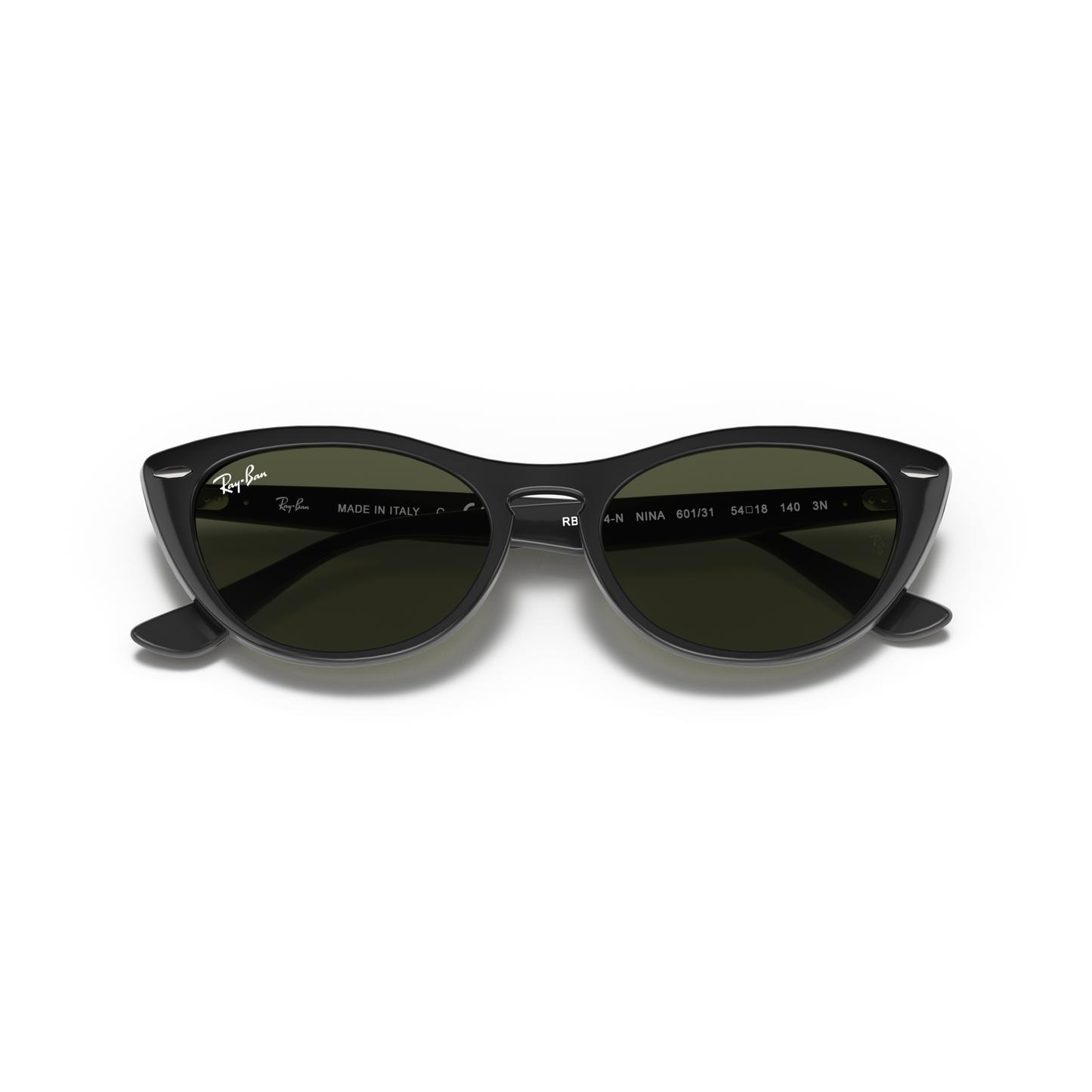 Black cat-eye sunglasses with 'Ray-Ban' branding on a white background Polished Black + G-15 Green