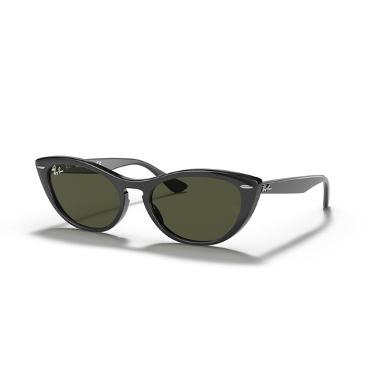 Black cat-eye sunglasses with green lenses on a white background Polished Black + G-15 Green