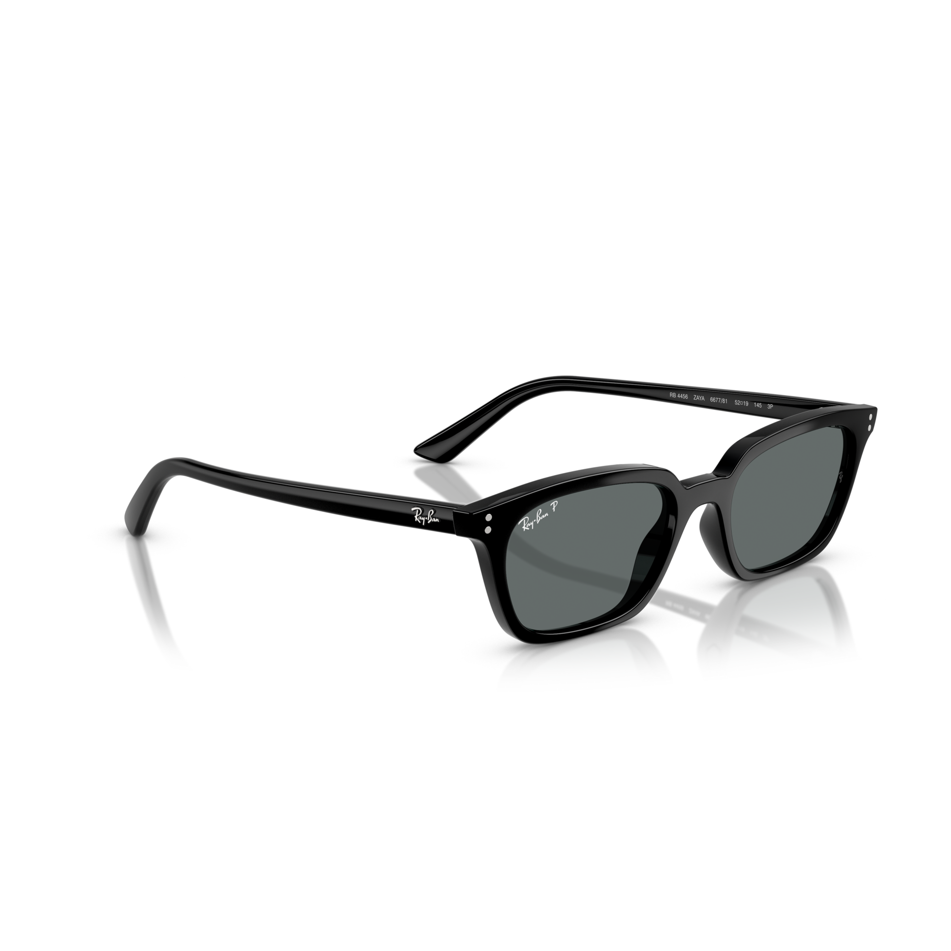 Black sunglasses with a reflective surface on a white background Polished Black + Dark Grey Polarised