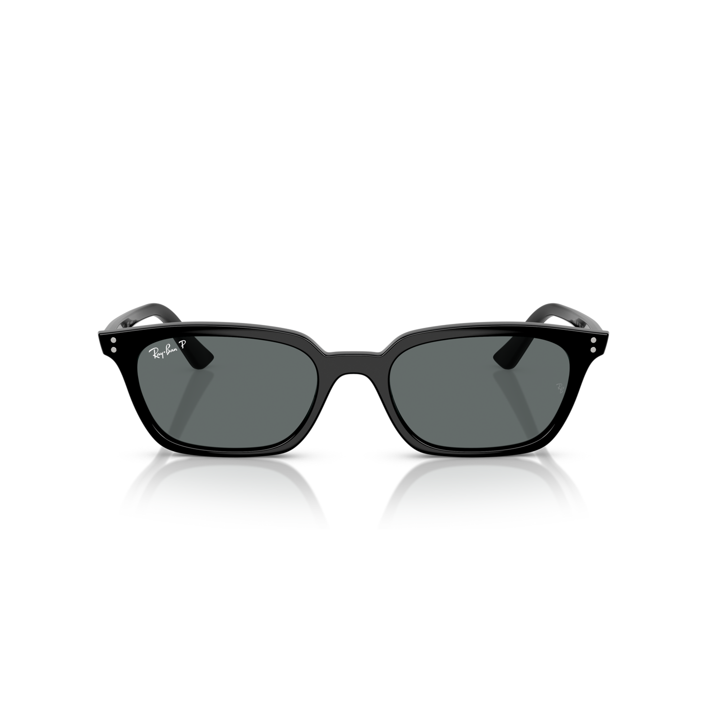 Black sunglasses with a reflective surface on a white background Polished Black + Dark Grey Polarised