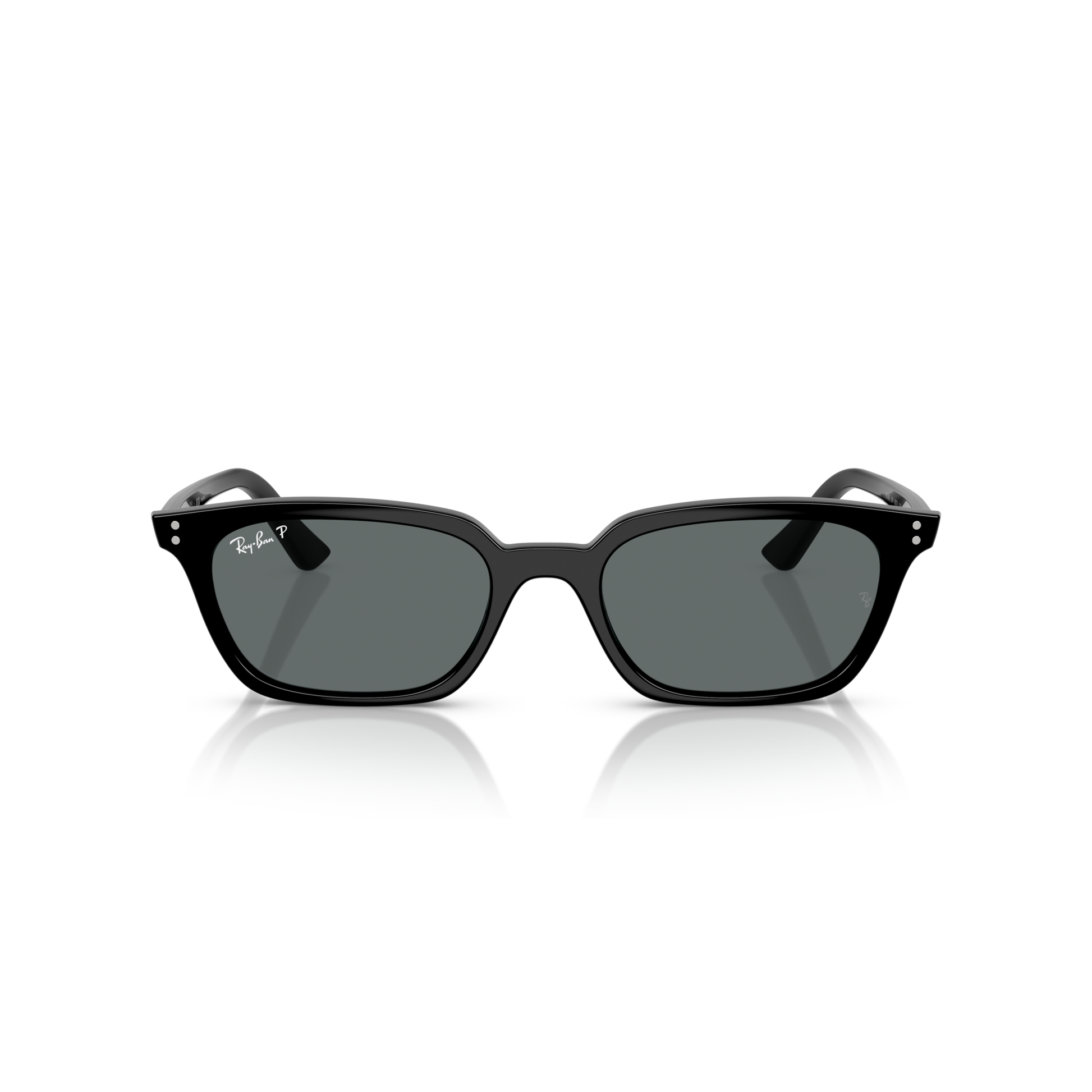 Black sunglasses with a reflective surface on a white background Polished Black + Dark Grey Polarised