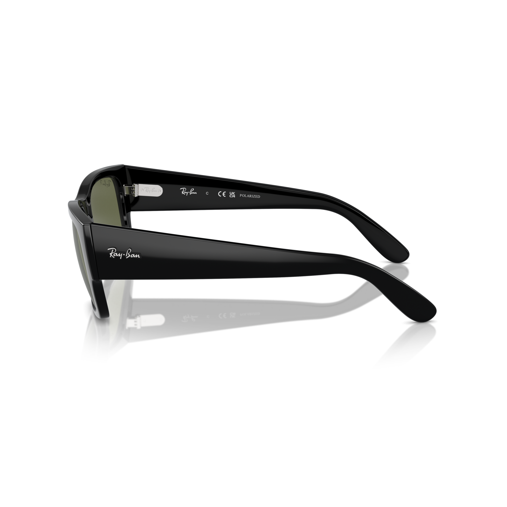 Black Ray-Ban sunglasses on a white background Polished Black + G-15 Green Polarised