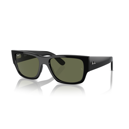 Black sunglasses with a reflective surface on a white background Polished Black + G-15 Green Polarised