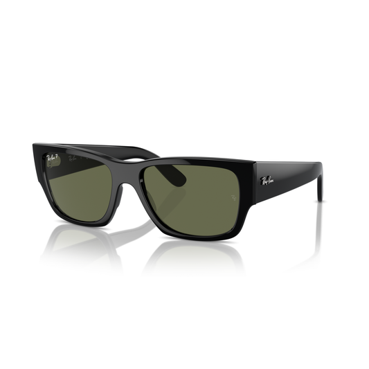 Black sunglasses with a reflective surface on a white background Polished Black + G-15 Green Polarised