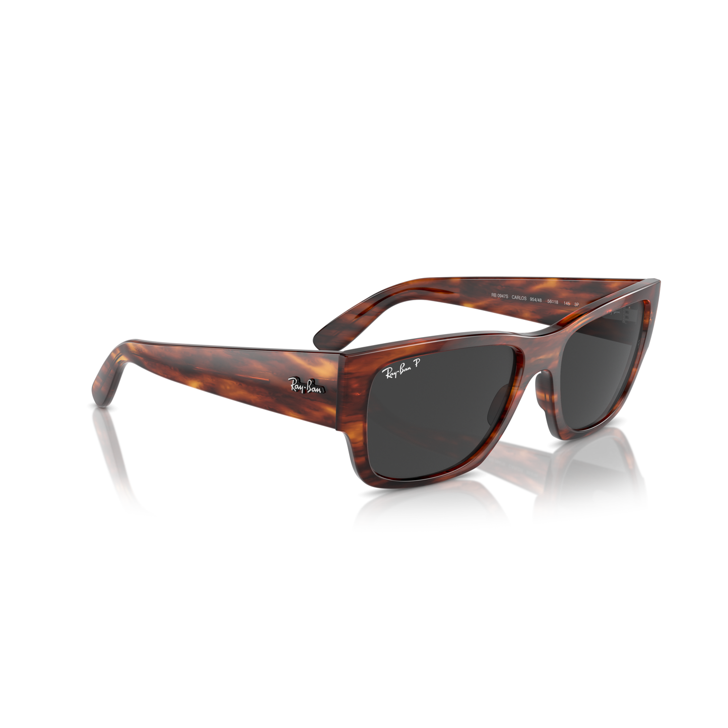 Tortoiseshell sunglasses with dark lenses on a white background Polished Striped Havana + Black Polarised