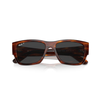 Brown tortoiseshell sunglasses with dark lenses on a white background Polished Striped Havana + Black Polarised