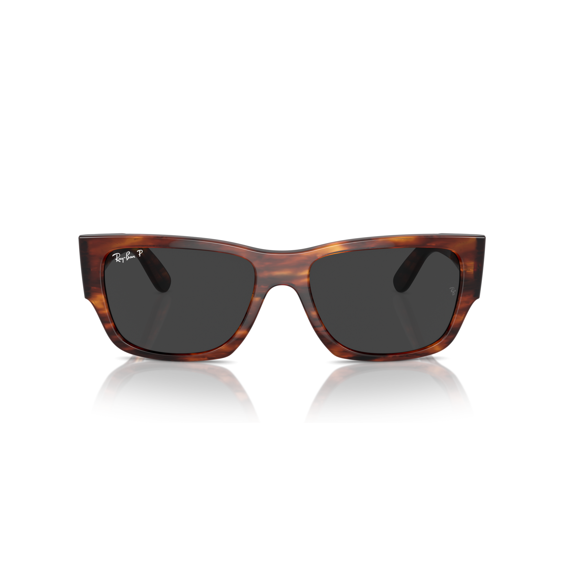 Tortoiseshell sunglasses with dark lenses on a white background Polished Striped Havana + Black Polarised