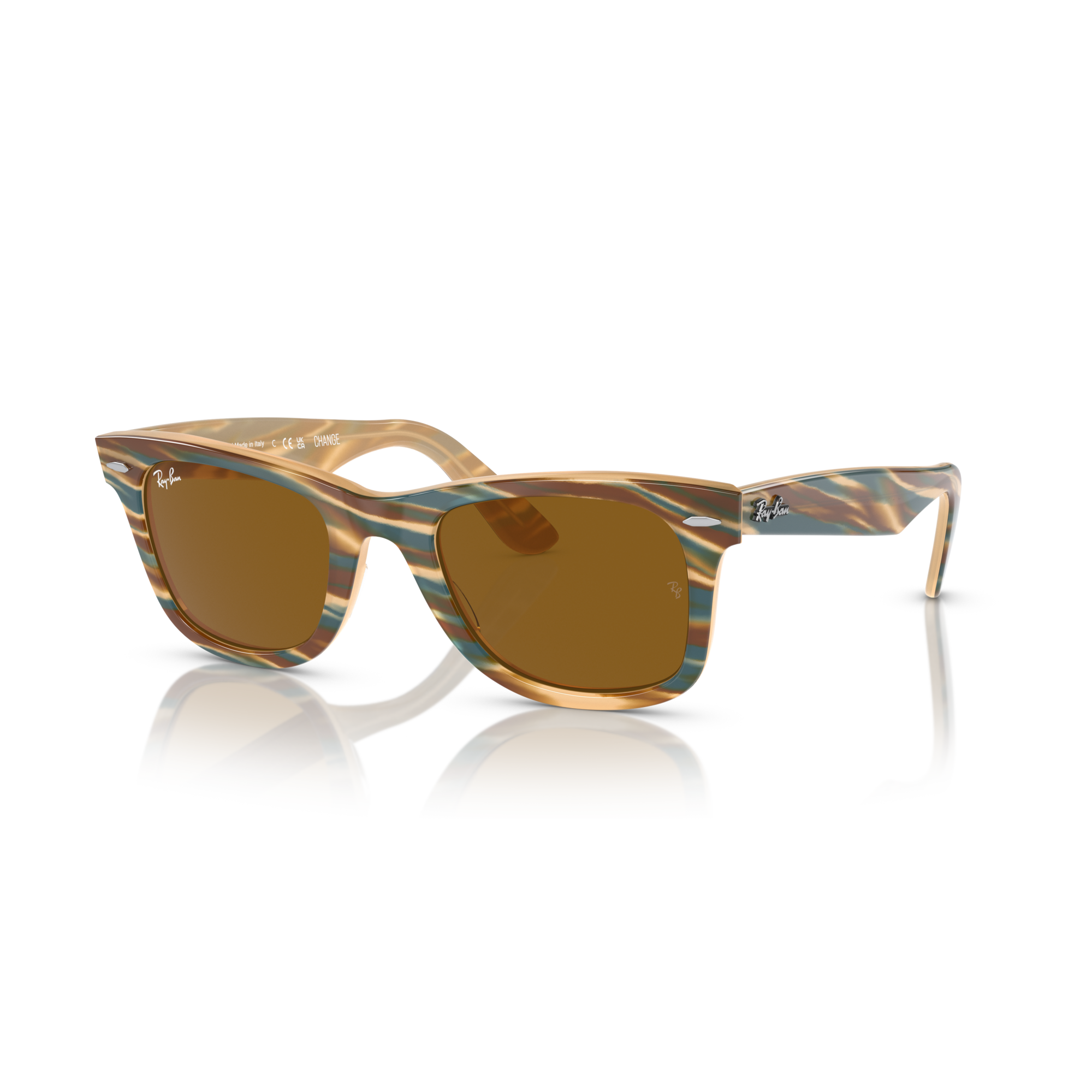 Sunglasses with a patterned frame on a white background Polished Photo Striped Brown + Brown