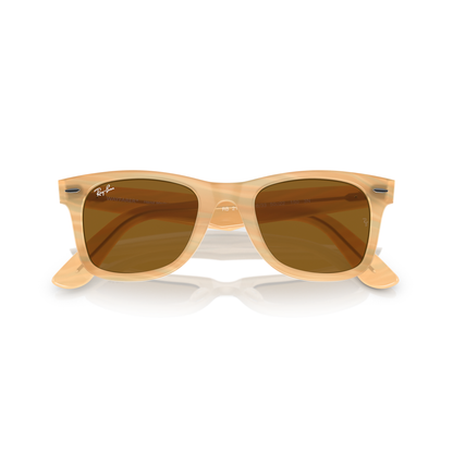 Wooden-framed sunglasses with brown lenses on a white background Polished Photo Striped Brown + Brown