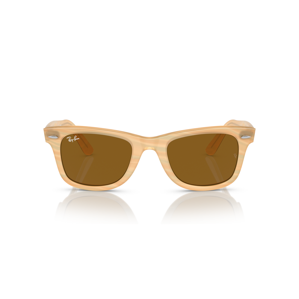 Wooden-framed sunglasses with brown lenses on a white background Polished Photo Striped Brown + Brown