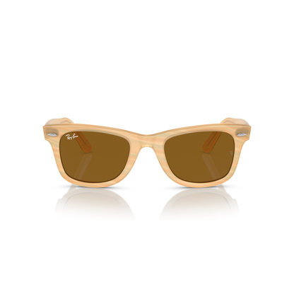 Wooden-framed sunglasses with brown lenses on a white background Polished Photo Striped Brown + Brown