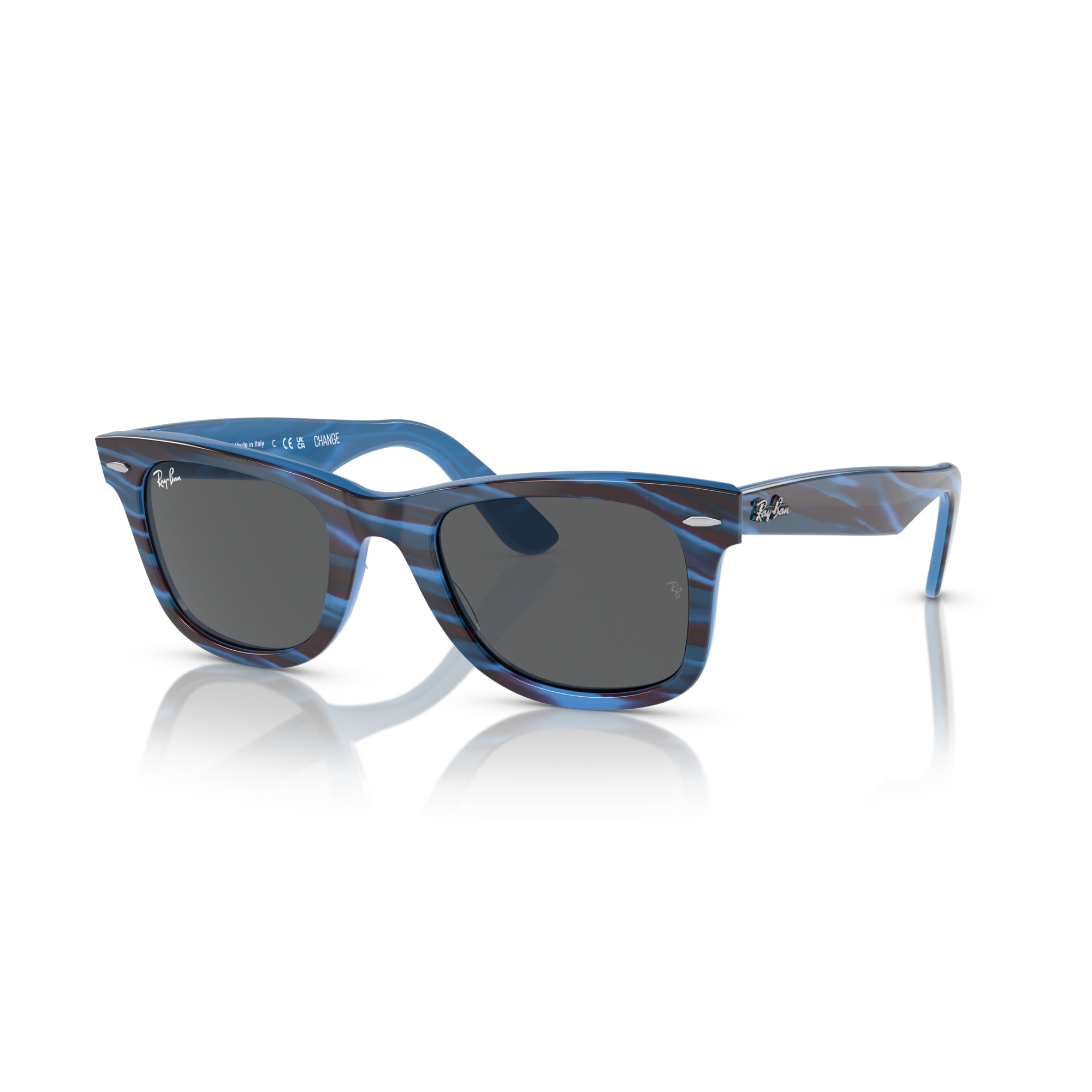 Blue striped sunglasses with dark lenses on a white background Polished Photo Striped Blue + Dark Grey