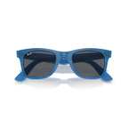 Blue sunglasses with dark lenses on a white background Polished Photo Striped Blue + Dark Grey