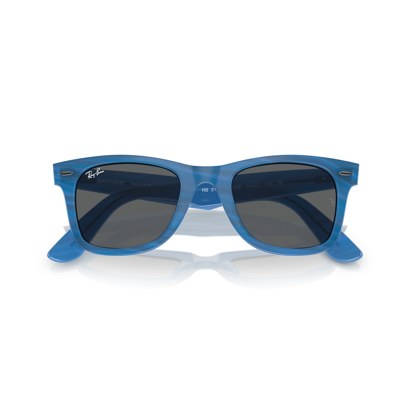 Blue sunglasses with dark lenses on a white background Polished Photo Striped Blue + Dark Grey