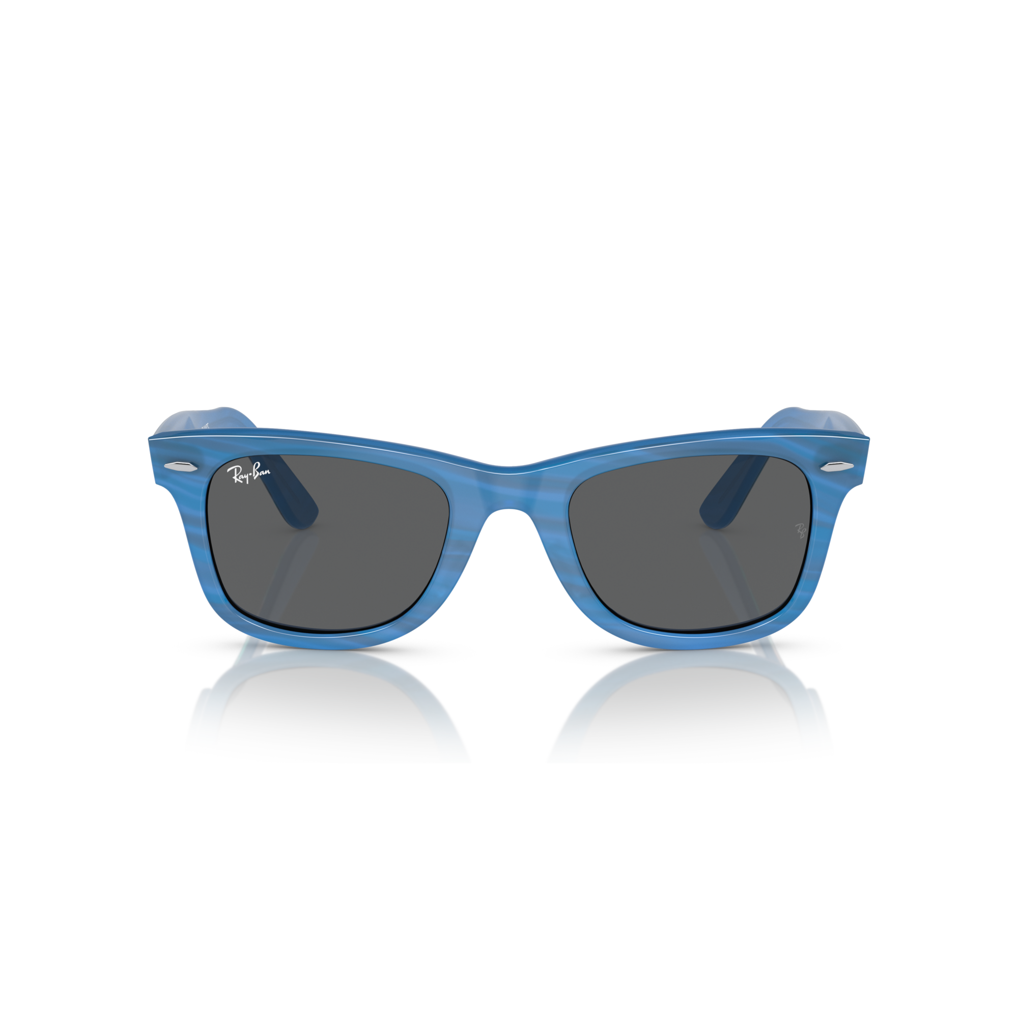 Blue sunglasses with dark lenses on a white background Polished Photo Striped Blue + Dark Grey