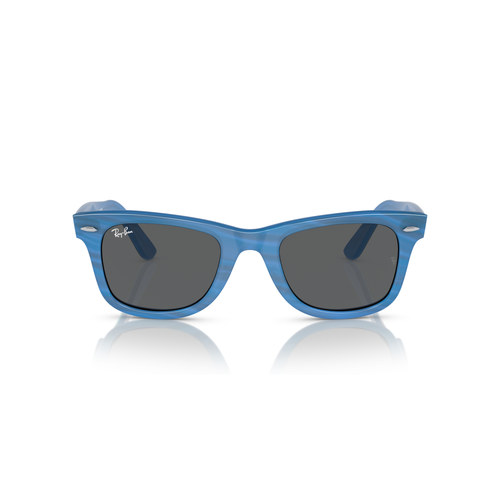 Blue sunglasses with dark lenses on a white background Polished Photo Striped Blue + Dark Grey