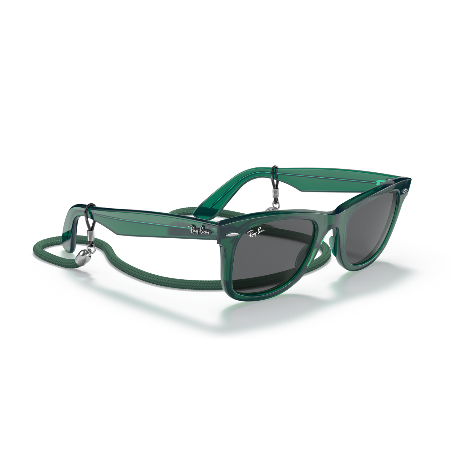 Green sunglasses with a clear lens on a white background Polished Transparent Green + Dark Grey