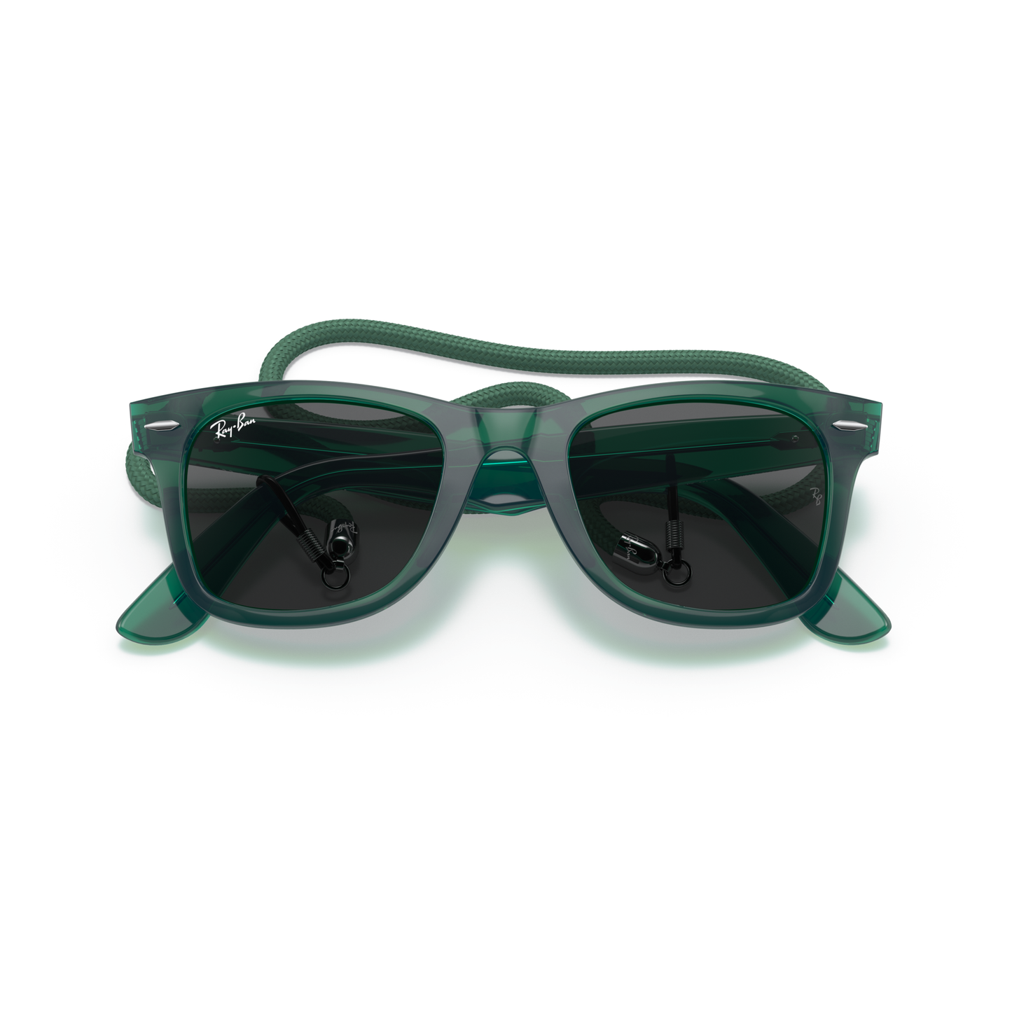 Green sunglasses with a thin strap on a white background Polished Transparent Green + Dark Grey