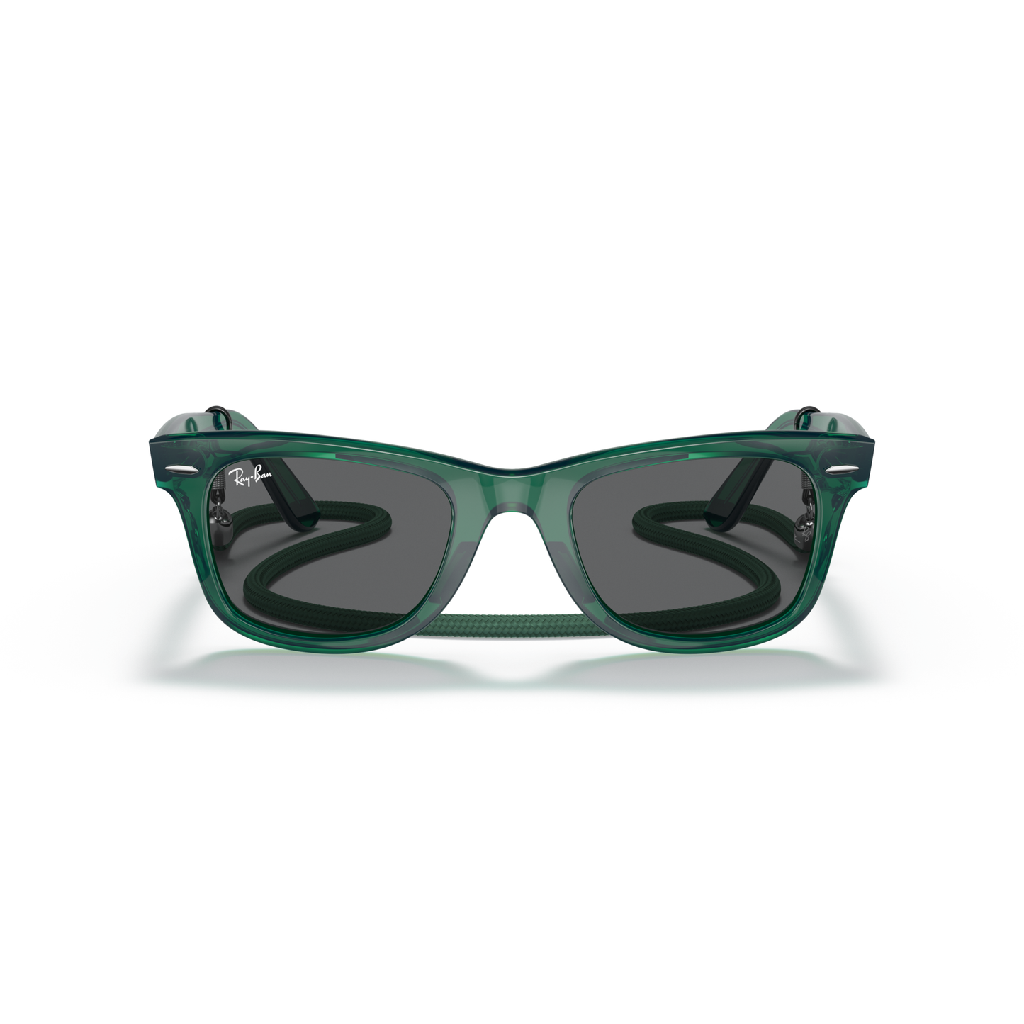 Green sunglasses with a reflective surface on a white background Polished Transparent Green + Dark Grey