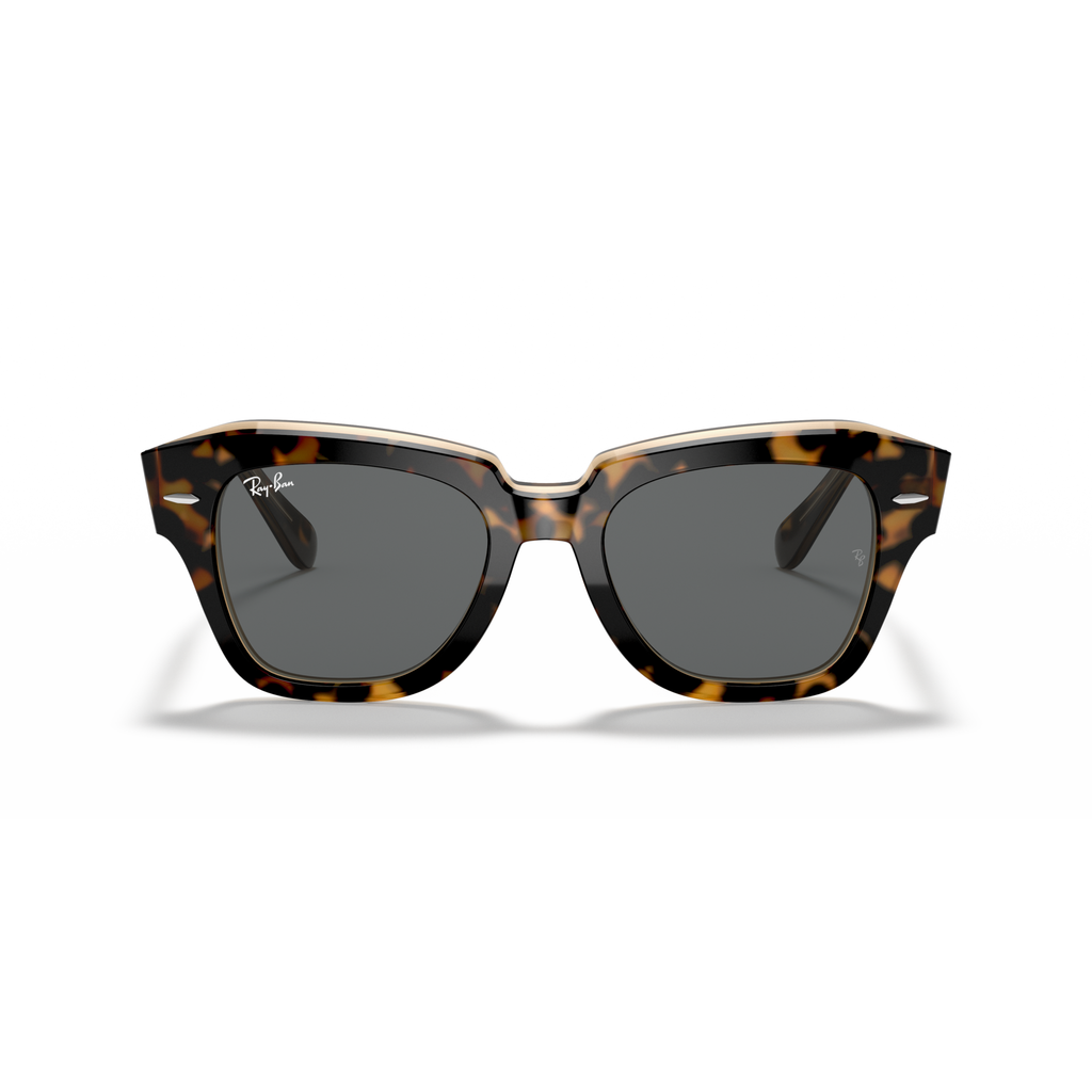 Tortoiseshell sunglasses with dark lenses on a white background Polished Havana on Transparent Brown + Dark Grey