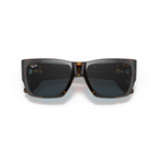 Sunglasses with tortoiseshell frame and dark lenses on a white background Polished Tortoise + Blue